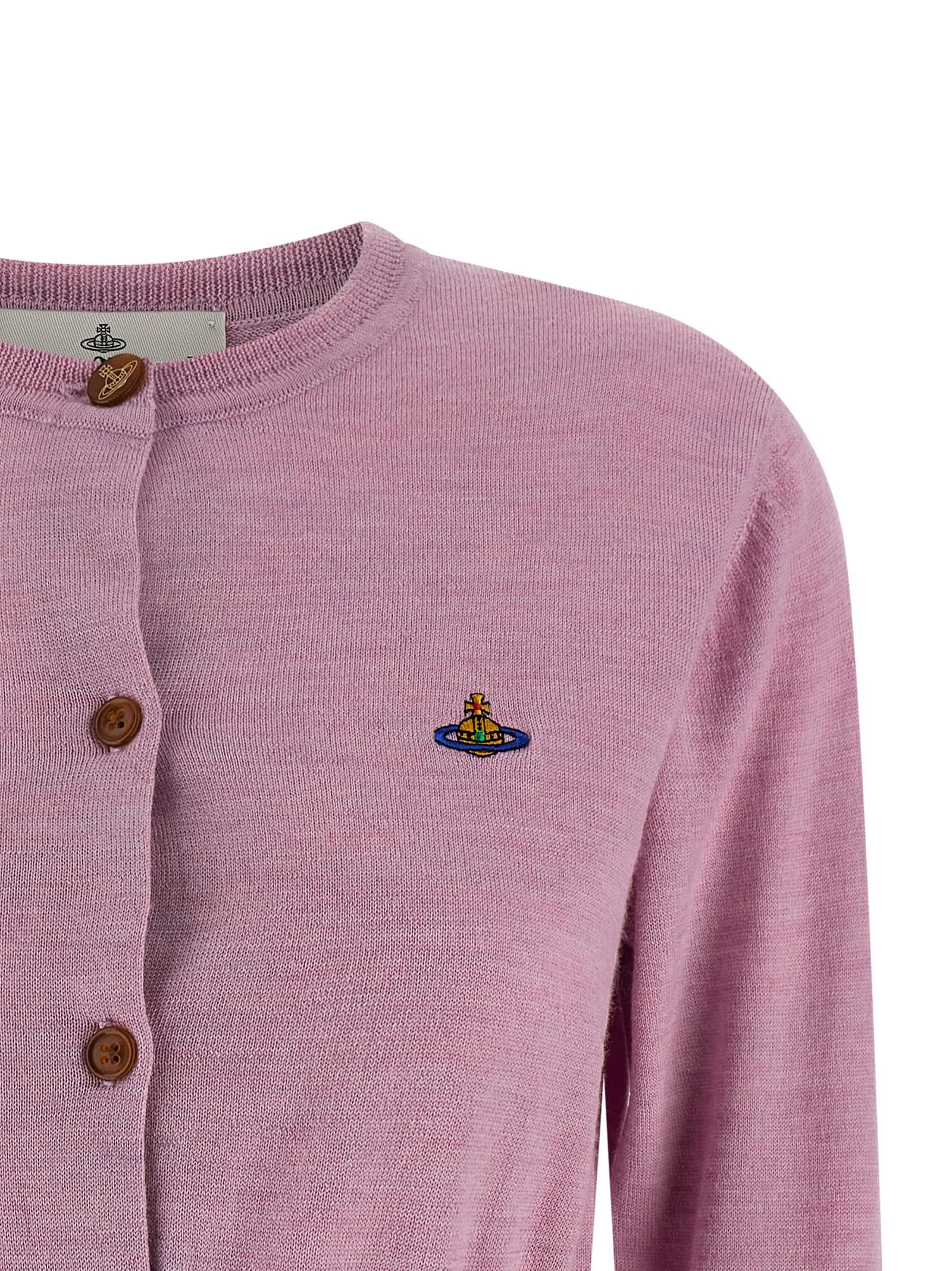 Vivienne Westwood Long Sleeve Cardigan With Ribbed Cuffs And Crew Neck In Pink