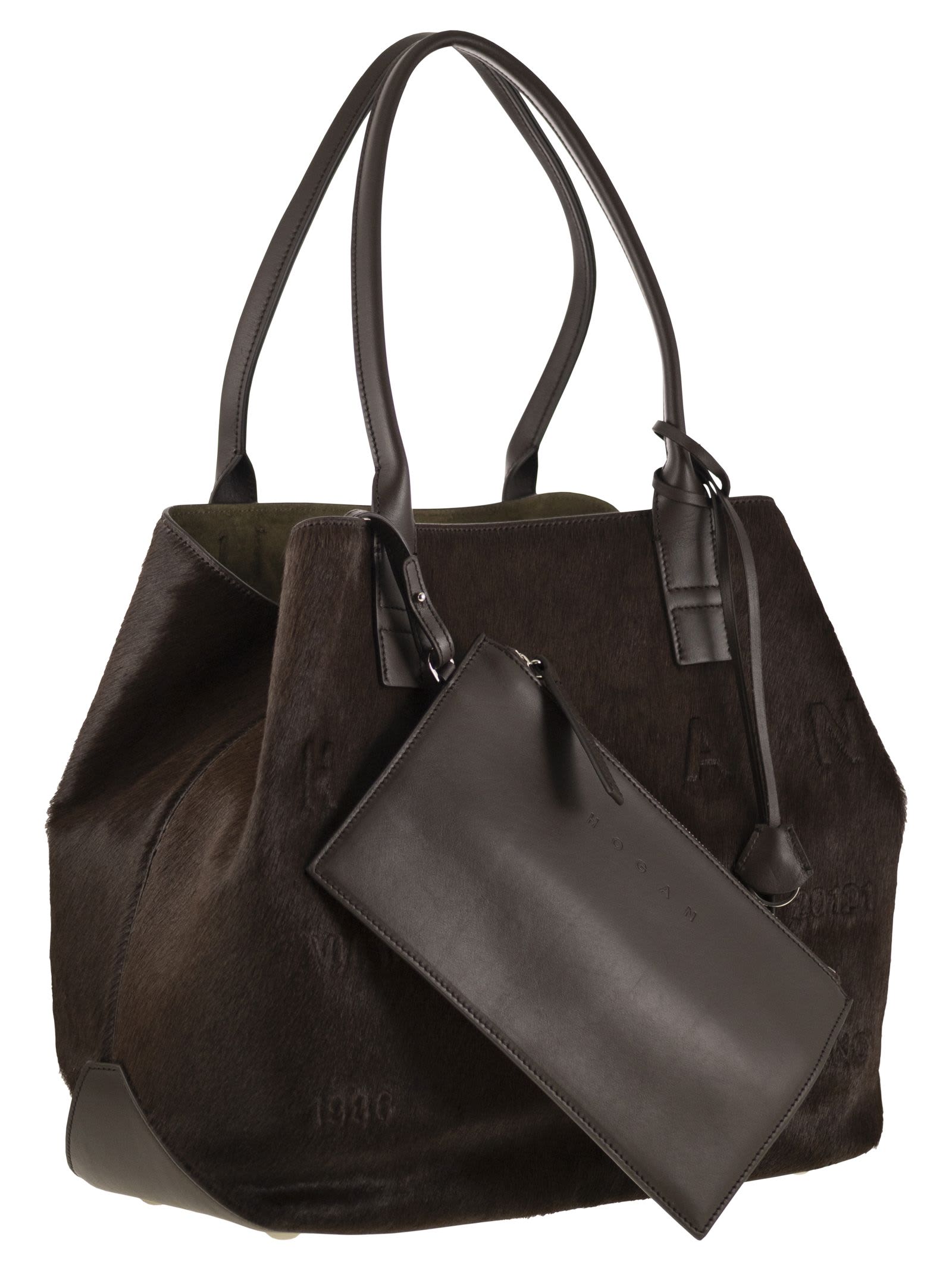 Hogan Medium Script Shopping Bag In Pony-effect Leather In Brown