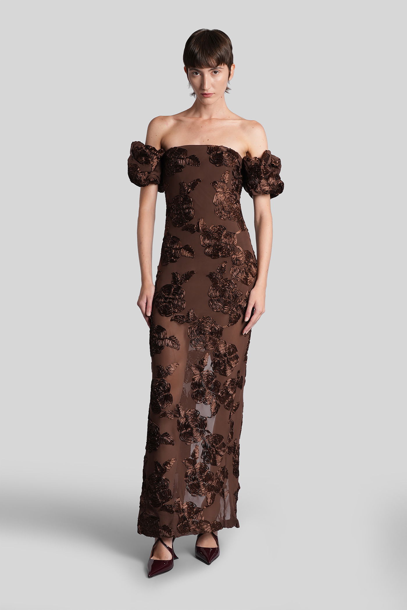 Rotate Birger Christensen Brown Long Dress With Removable Short Sleeves And All-over Floral Embroidery In Tech Fabric Stretch  In Brown