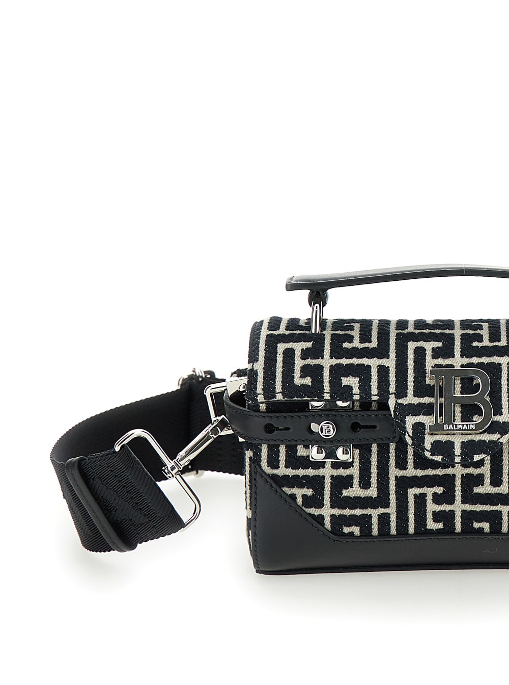 Shop Balmain B-buzz 19 Black And White Crossbody Bag With Monogram In Cotton And Leather Man