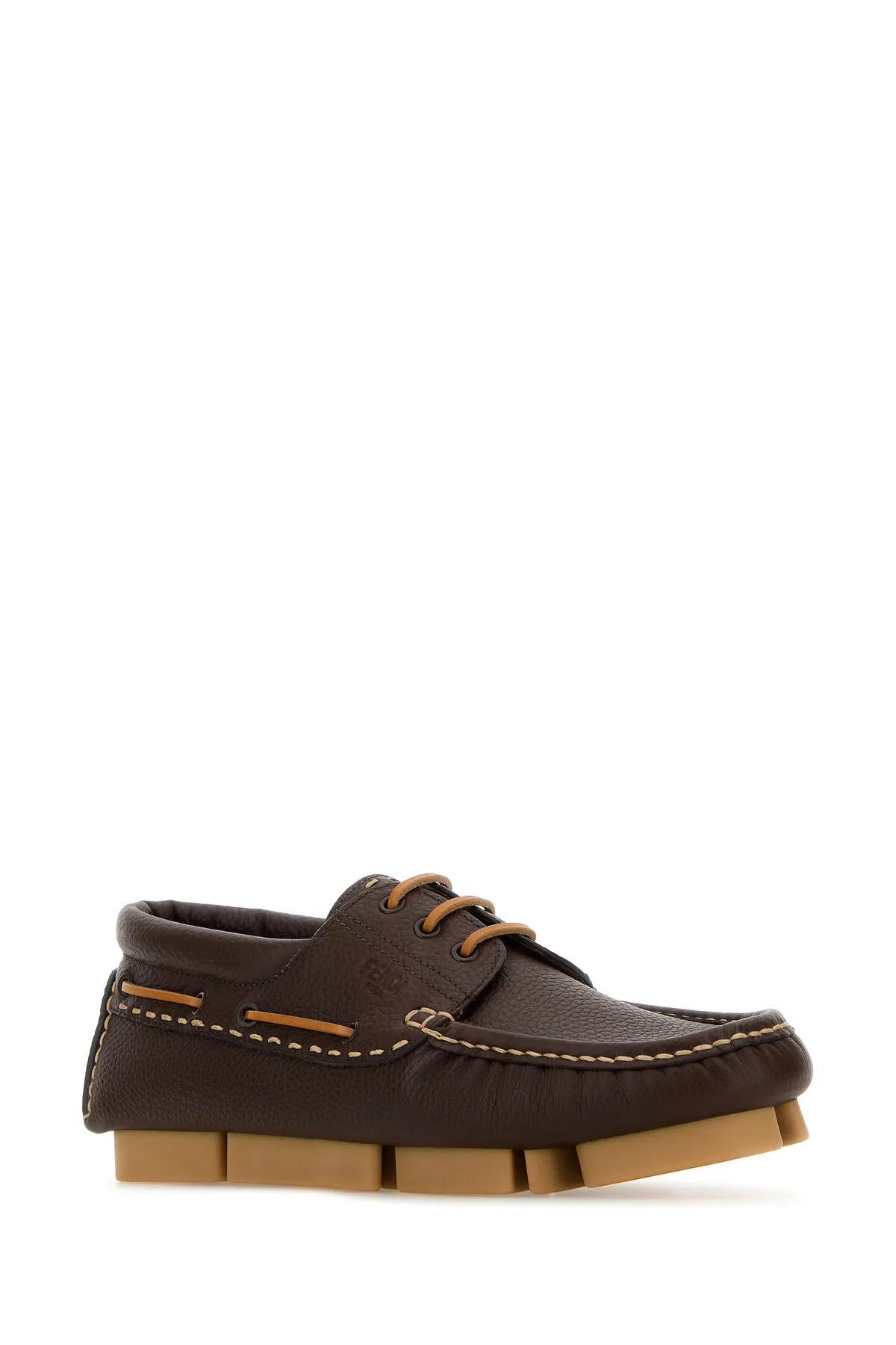 Fendi Chocolate Leather Deck Loafers In Morocuoio