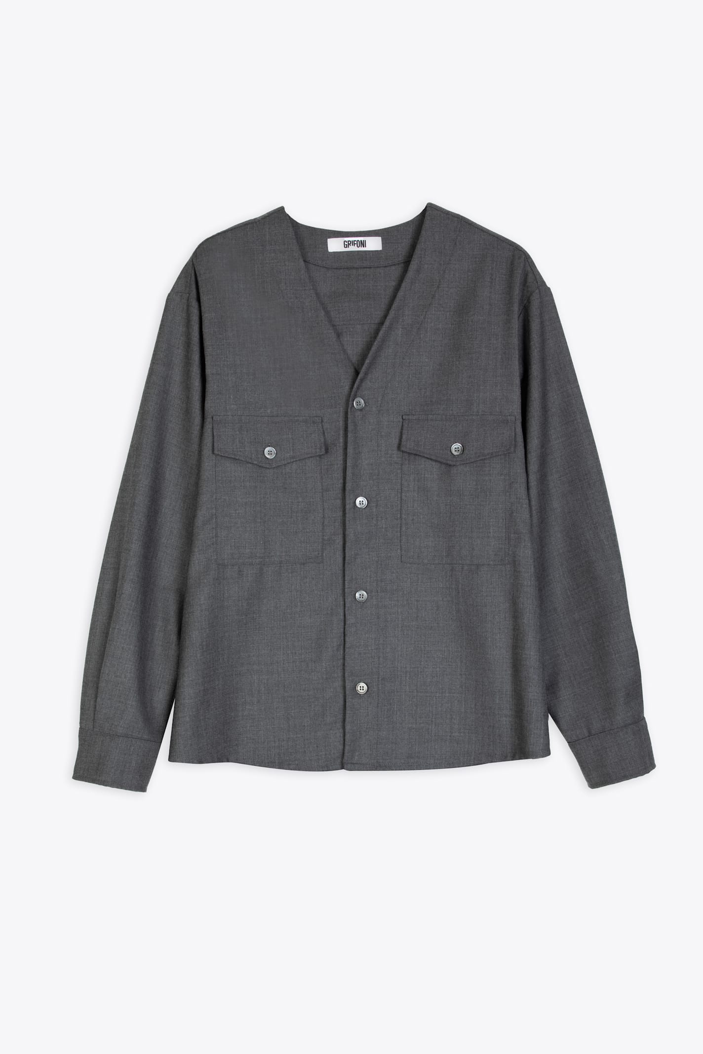 Camicia Senza Collo Pura Grey wool collarless shirt with long sleeves