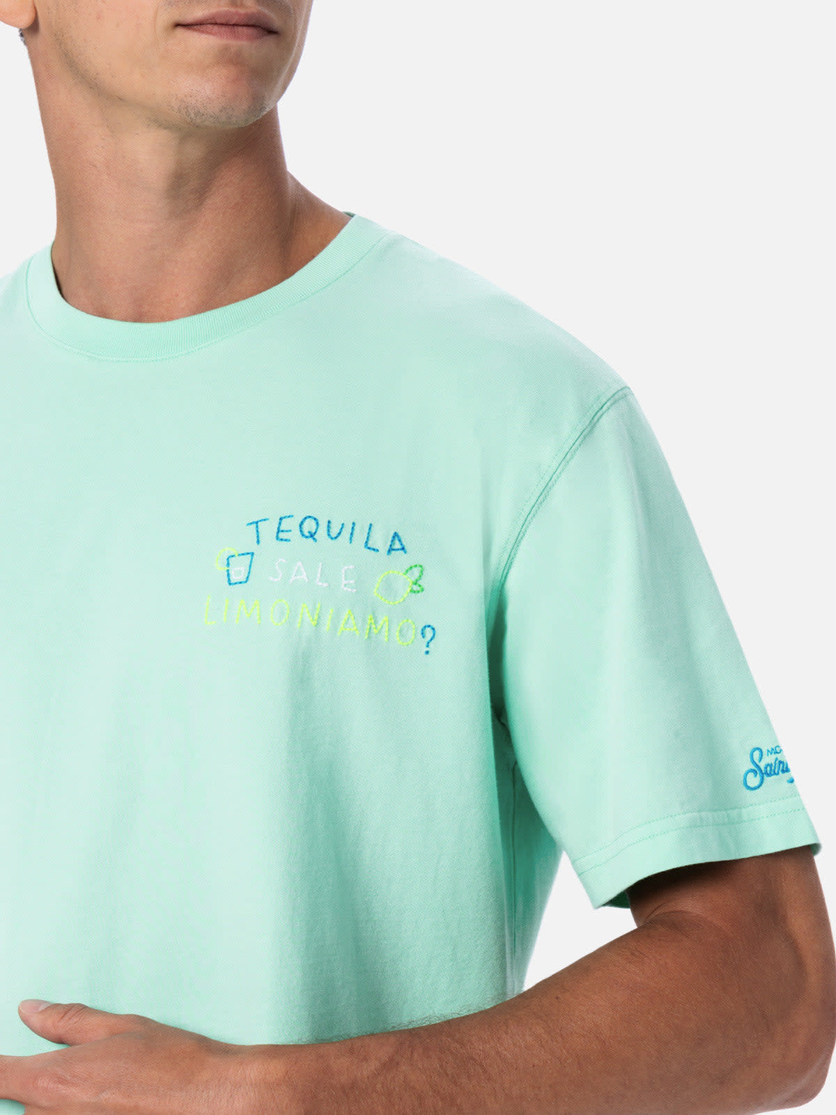 Shop Mc2 Saint Barth Man Classic Fit Cotton Jersey T-shirt Portofino With Tequila, Sale, Limoniamo Embroidery Insulti Lum In Apple Green