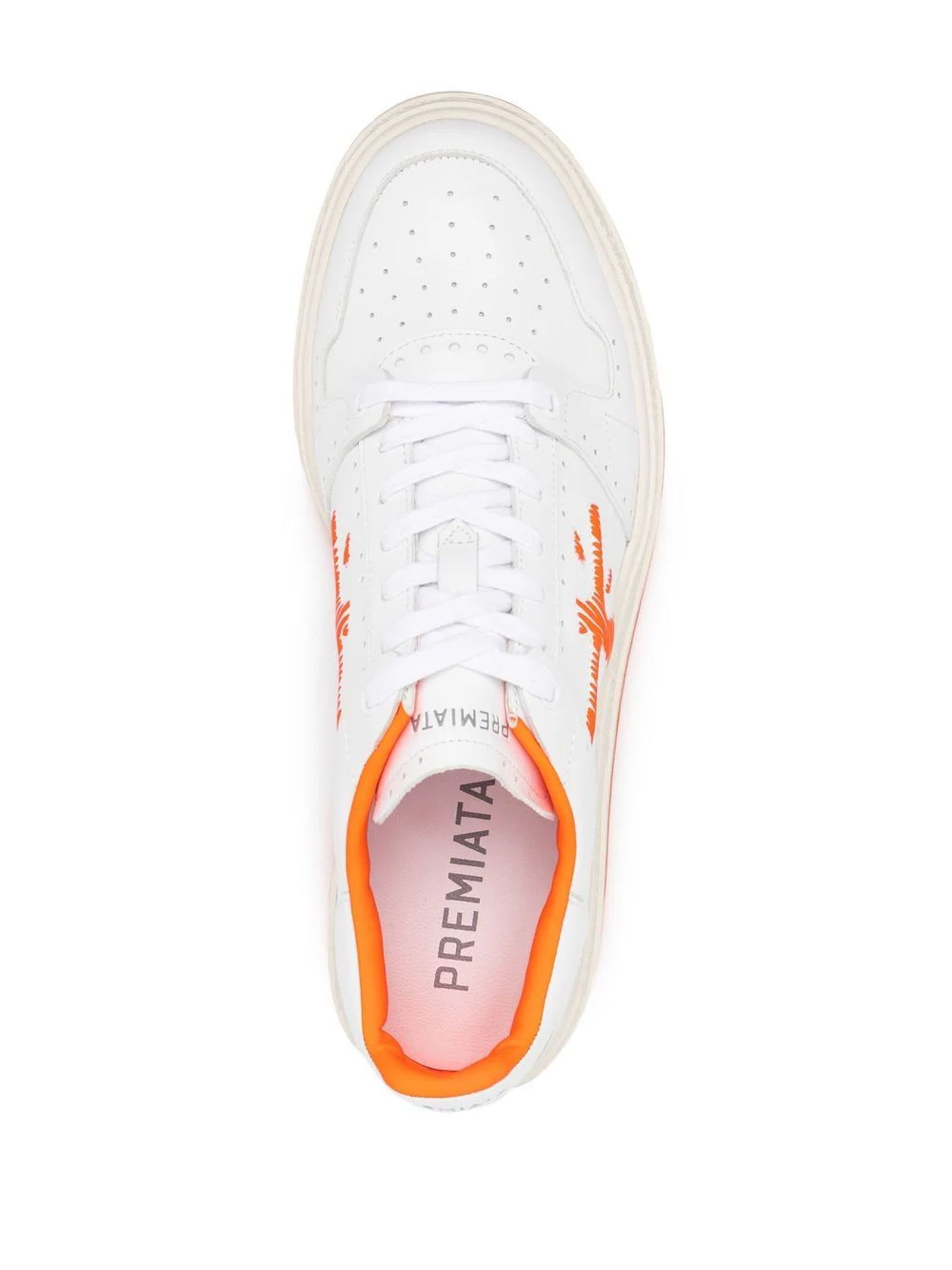 Shop Premiata White Leather Quinn Sneakers In Bianco/arancione