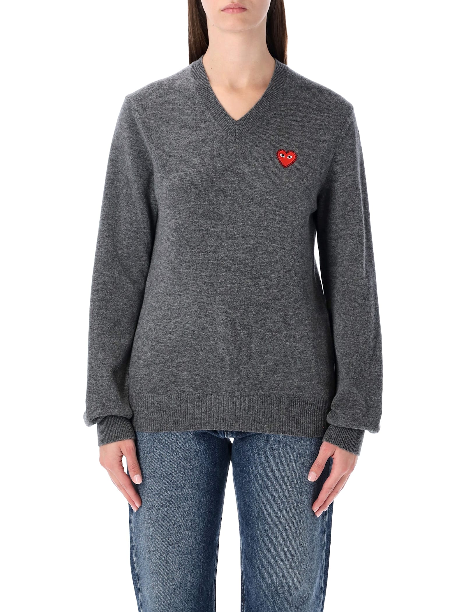 Comme Des Garçons Play Wool V-neck Sweater With Red Heart And Crystals In Gray