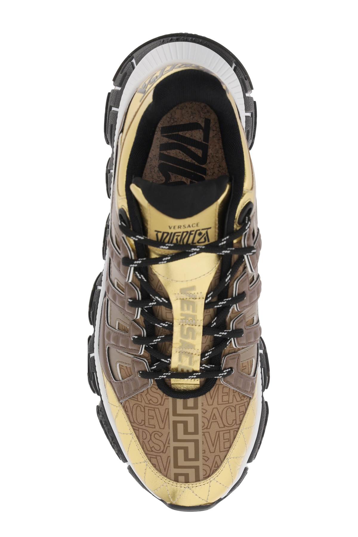 Shop Versace Trigreca Sneakers In Gold Brown Beige (brown)