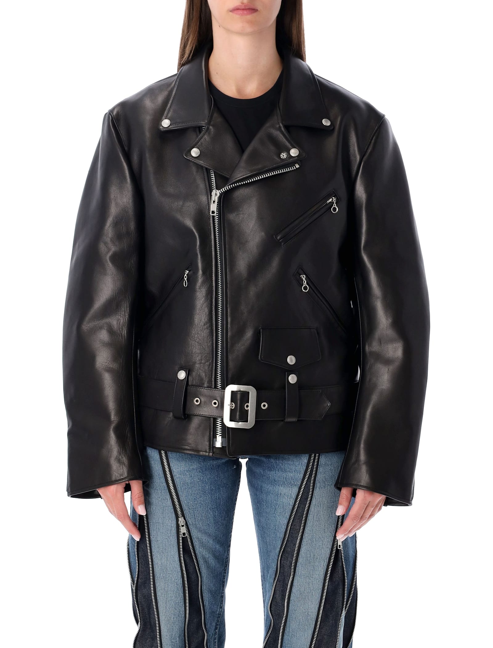 Junya Watanabe Black Leather Biker Jacket In Black