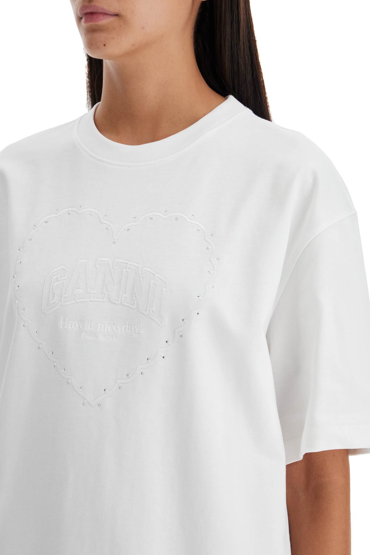 Tシャツ・カットソー GANNI Rhinestone logo embroidery T-shirt White Ganni Rhinestone Logo Embroidery T-shirt In White | ModeSens