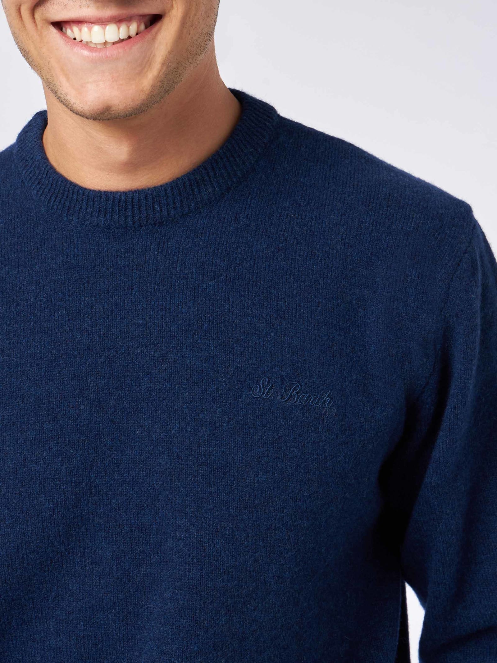 Mc2 Saint Barth Man Crewneck Blue Sweater With St. Barth Embroidery In Blue