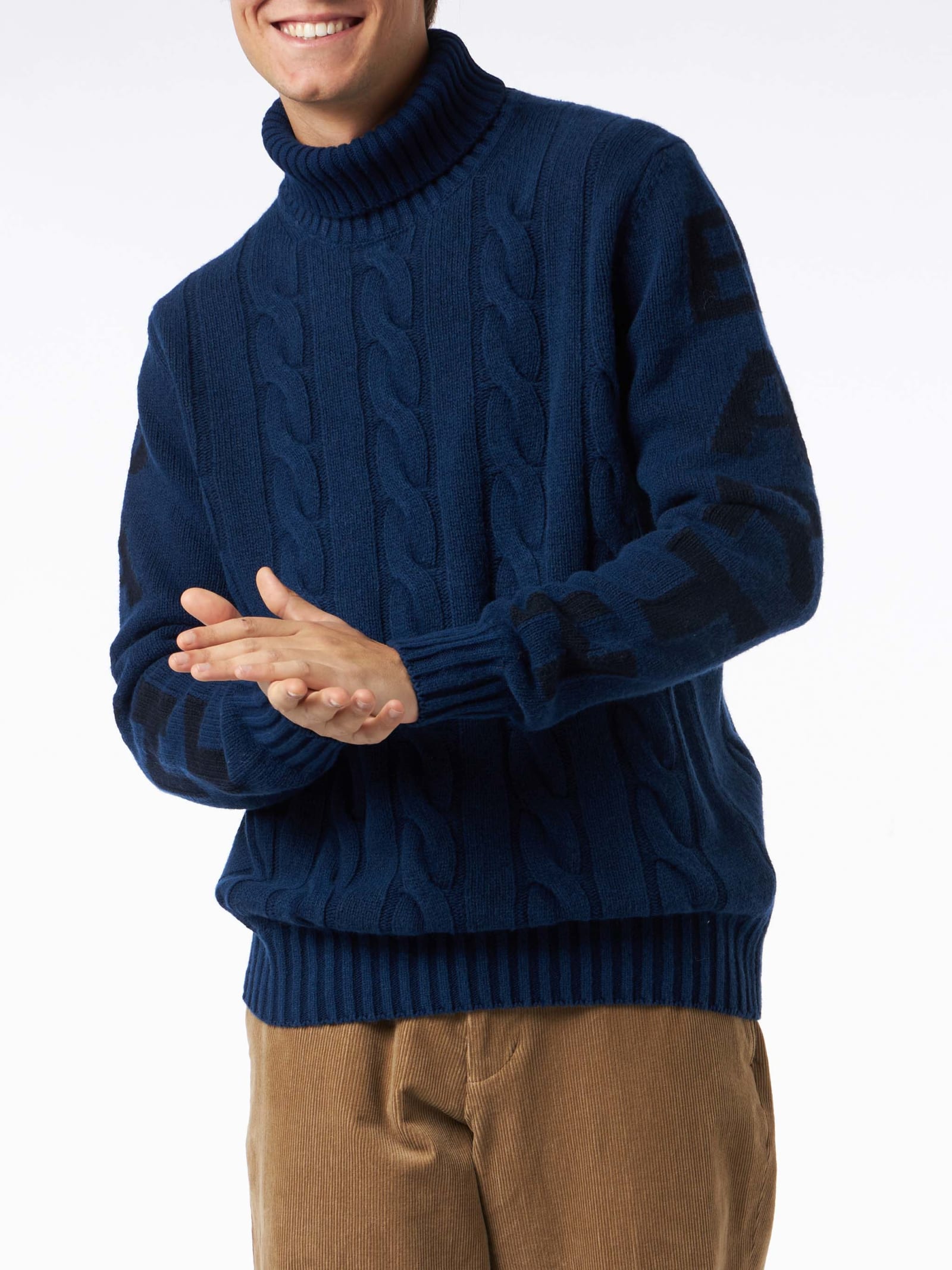 Mc2 Saint Barth Man Heavyweight Turtleneck Braided Blue Vintage Sweater In Blue