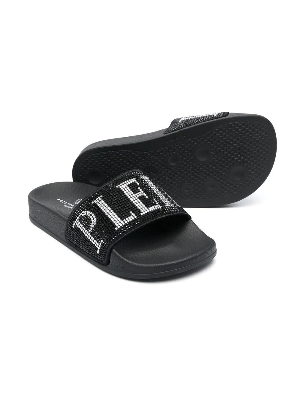 Shop Philipp Plein Junior Slippers With Logo In Black