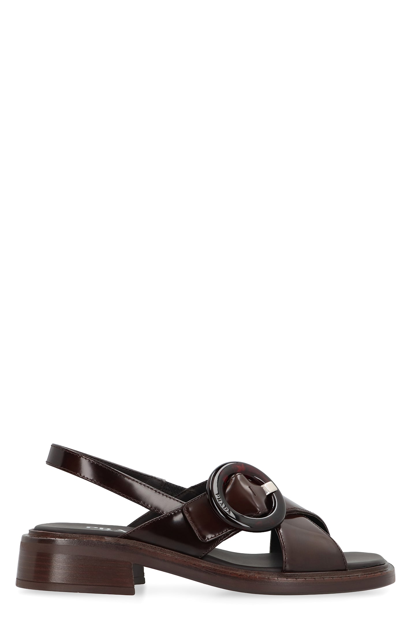 Prada Brushed Leather Crisscross Band Sandals With Plexiglas Buckle