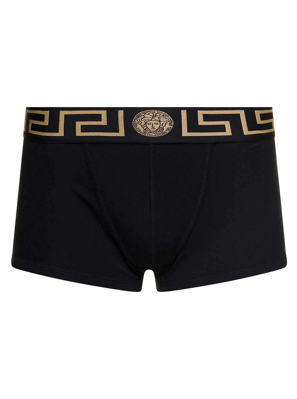 VERSACE BLACK BOXER BRIEFS WITH MEDUSA HEAD AND GRECA MOTIF IN COTTON STRETCH MAN