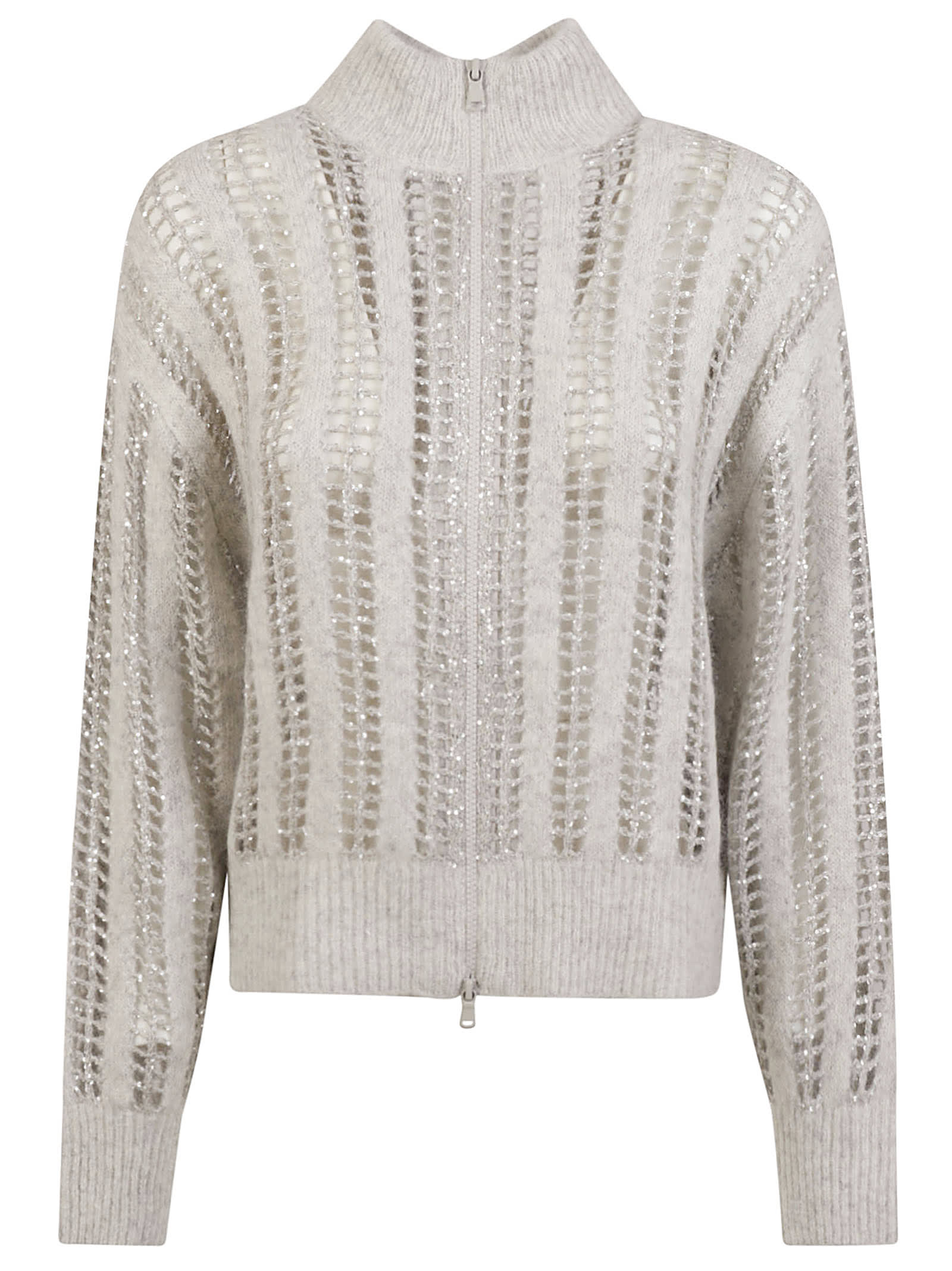 Shop Brunello Cucinelli Stripe Pattern Embellished Zip Jacket In Pearl Grey