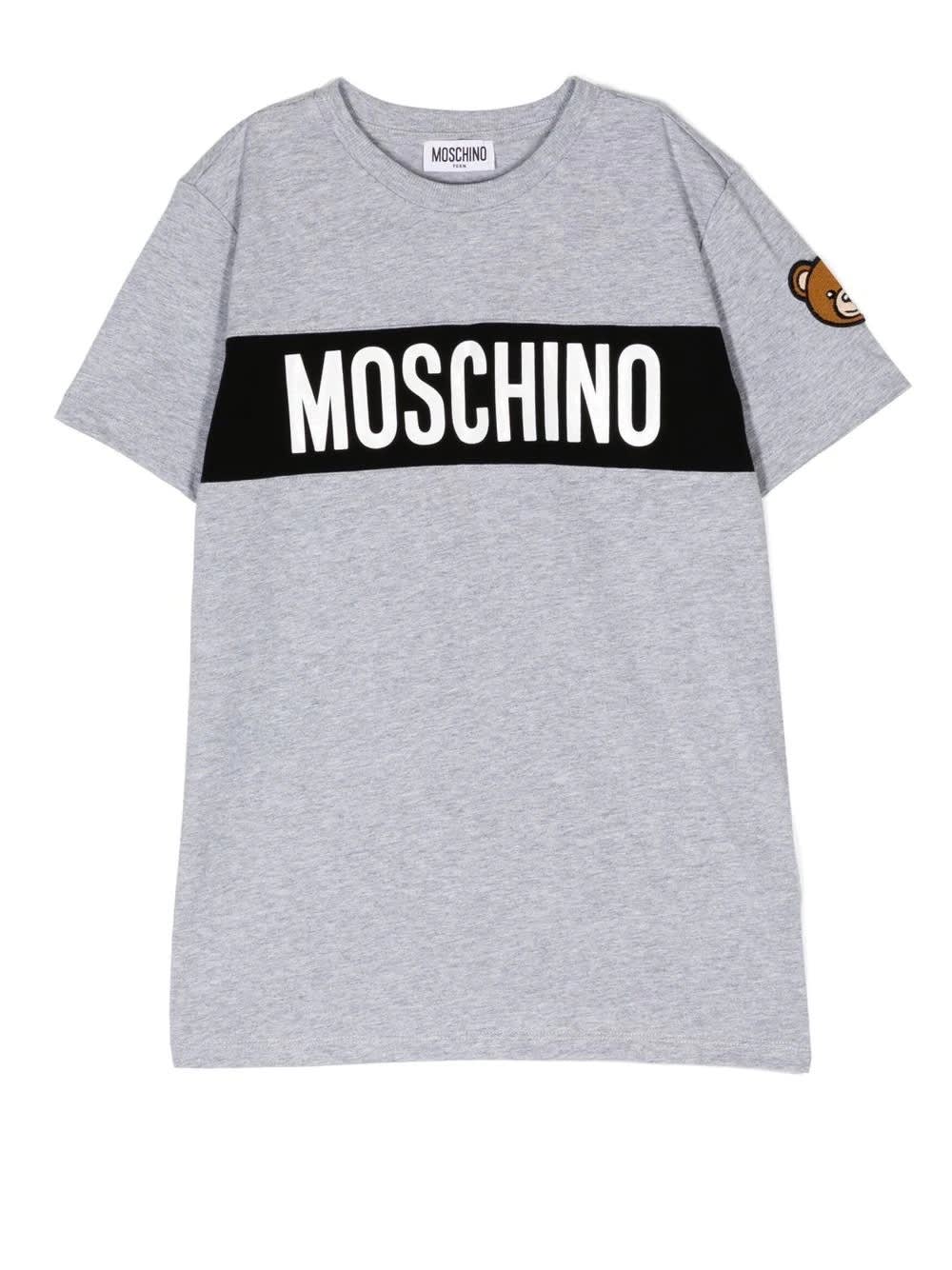 Grey T-shirt With Logo Band And Moschino Teddy Bear Patch