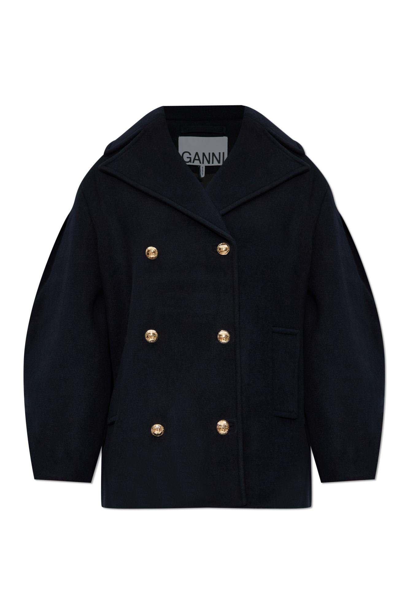 Ganni Short Wool Coat In Black