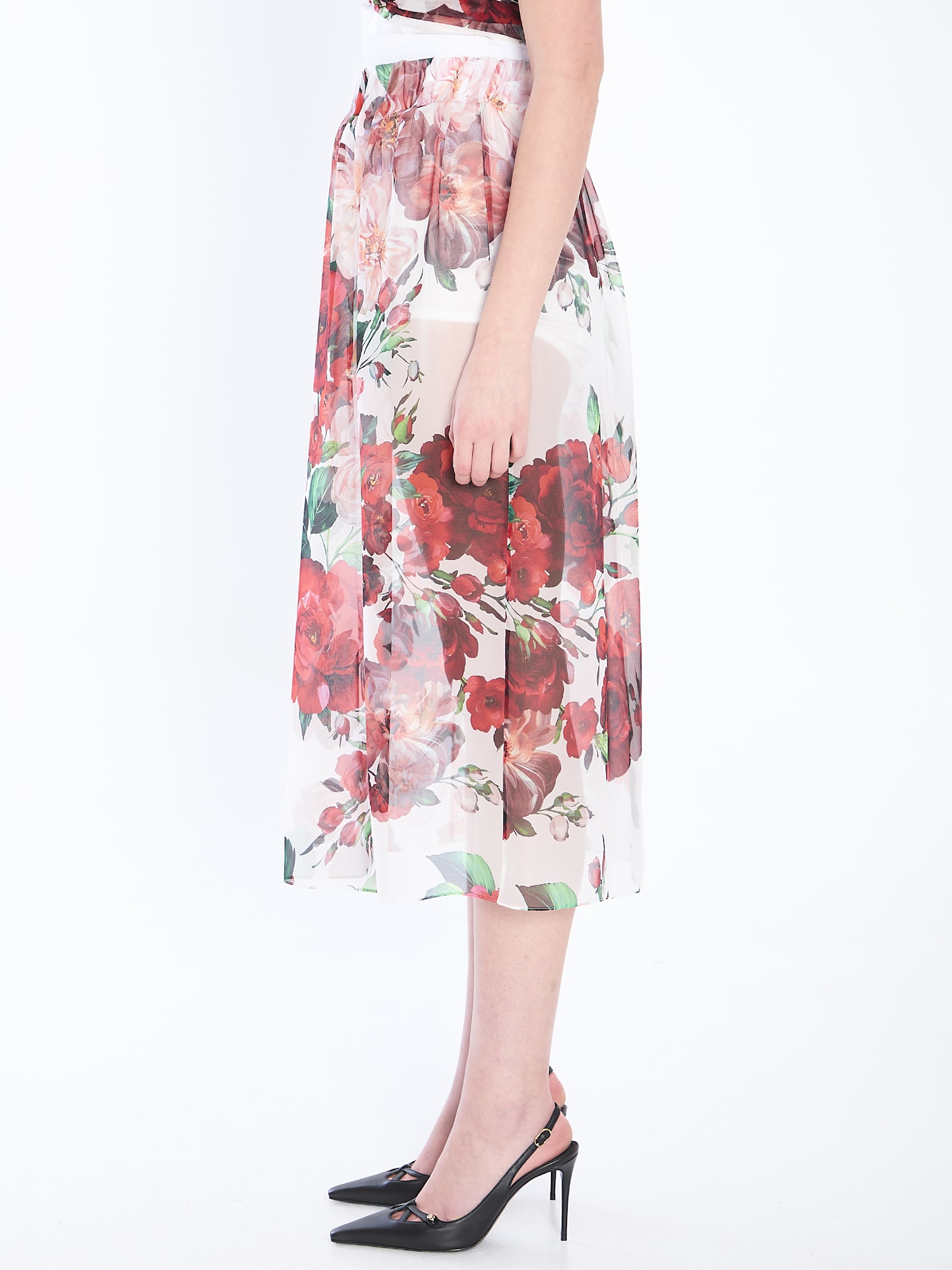 Dolce & Gabbana Multicolor Skirt With All-over Floral Motif In Silk Woman In White