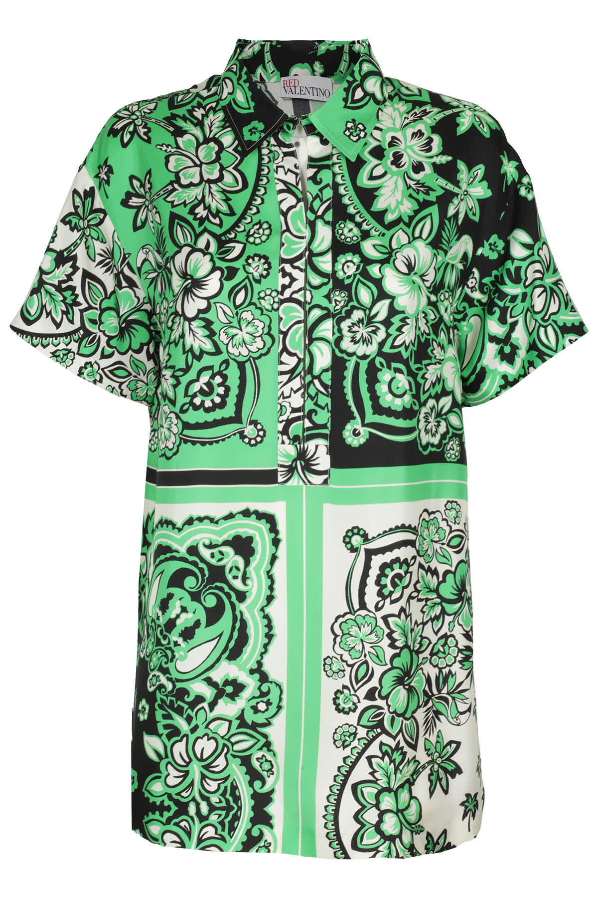 Red Valentino Floral Collared Short Sleeve Shirt In Smeraldo