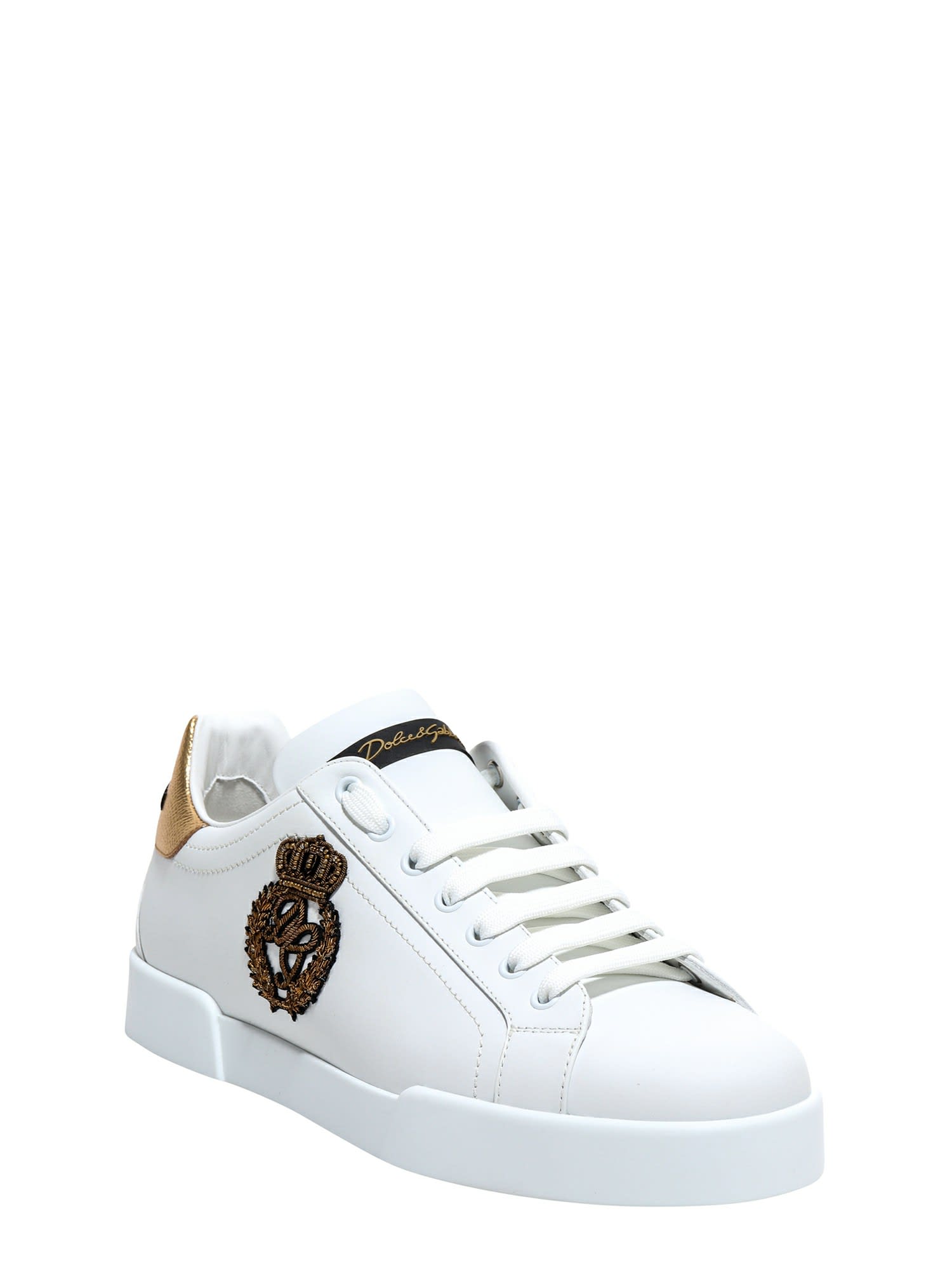 Shop Dolce & Gabbana Portofino Logo Crest Leather Sneakers In White