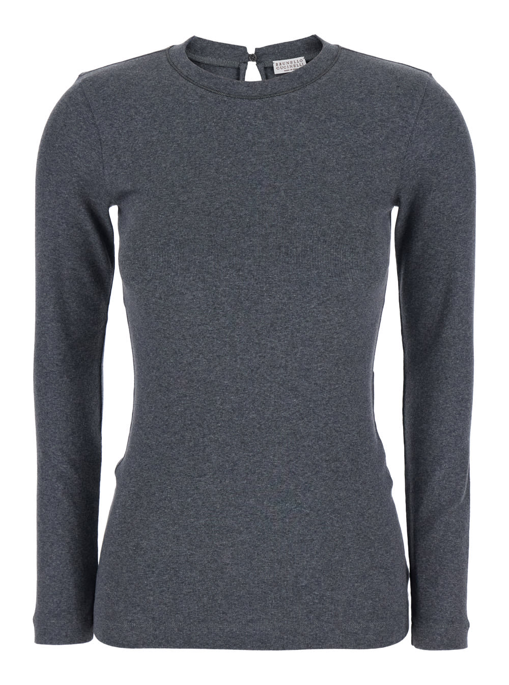 Brunello Cucinelli Grey Crewneck T-shirt With Monil Detail On The Collar And Rear Cut-out In Cotton Stretch Woman
