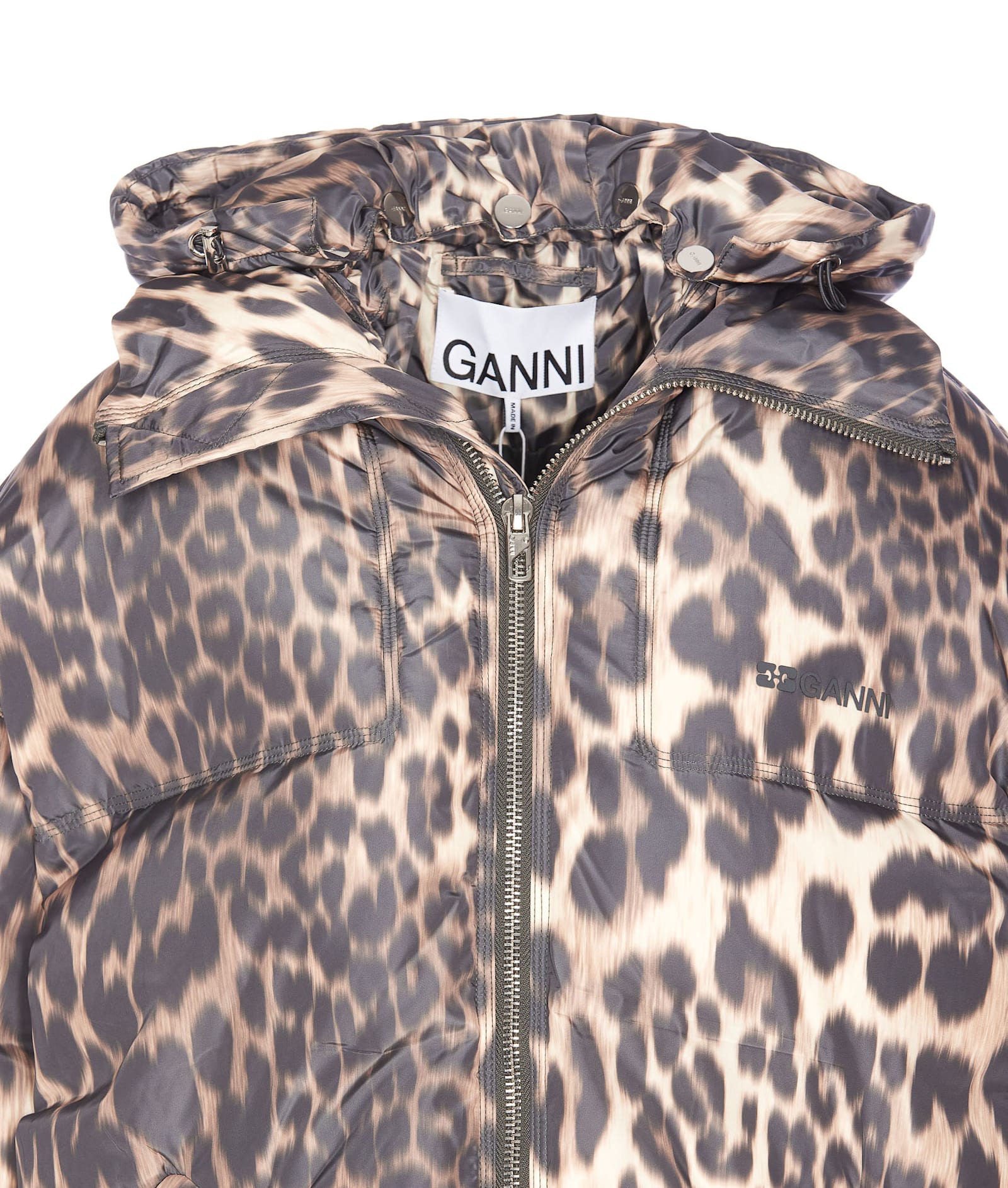 Ganni Leo Puffers Midi Style Down Jacket In Almond Milk
