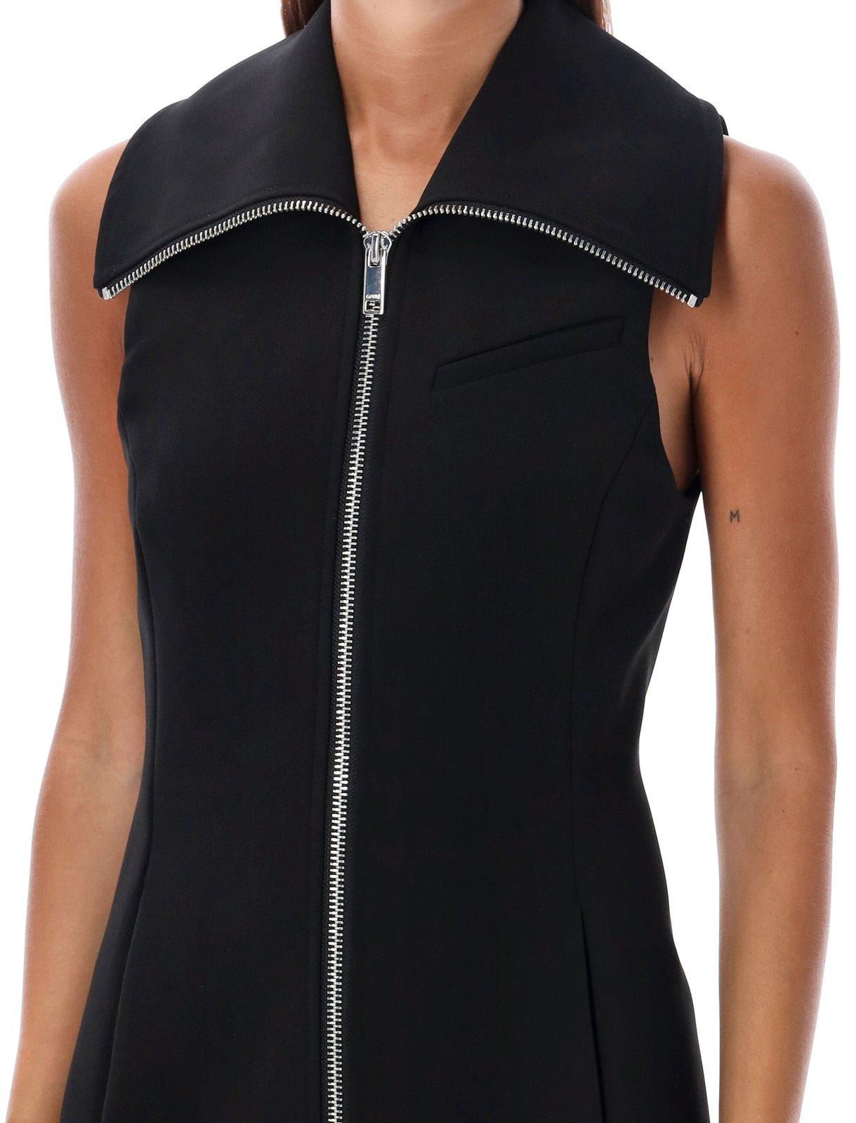 Shop Ganni Zip-up Sleeveless Mini Dress In Black