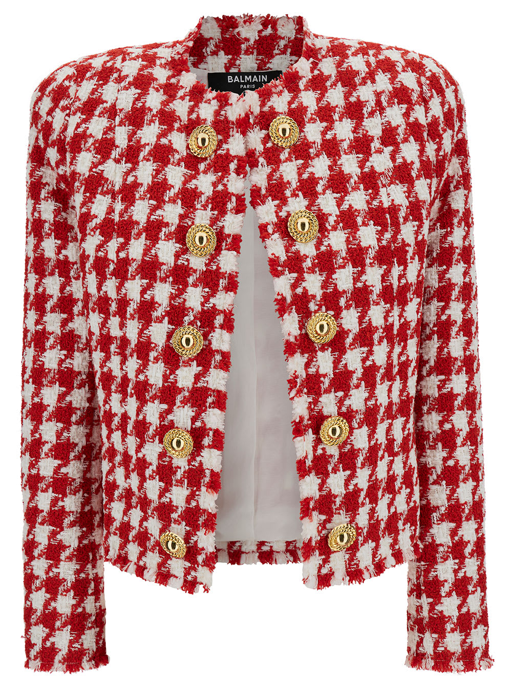 Shop Balmain Collarless Houndstooth Tweed Jacket In Red