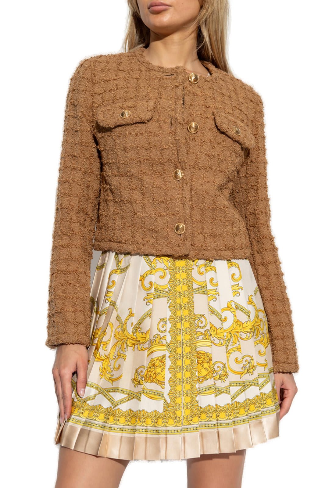 Shop Versace Heritage Button-up Tweed Jacket In Tan