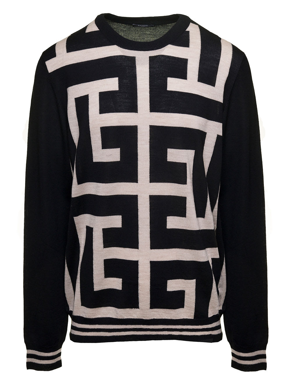 Shop Balmain Black Sweater With Maxi Monogram In Wool Man