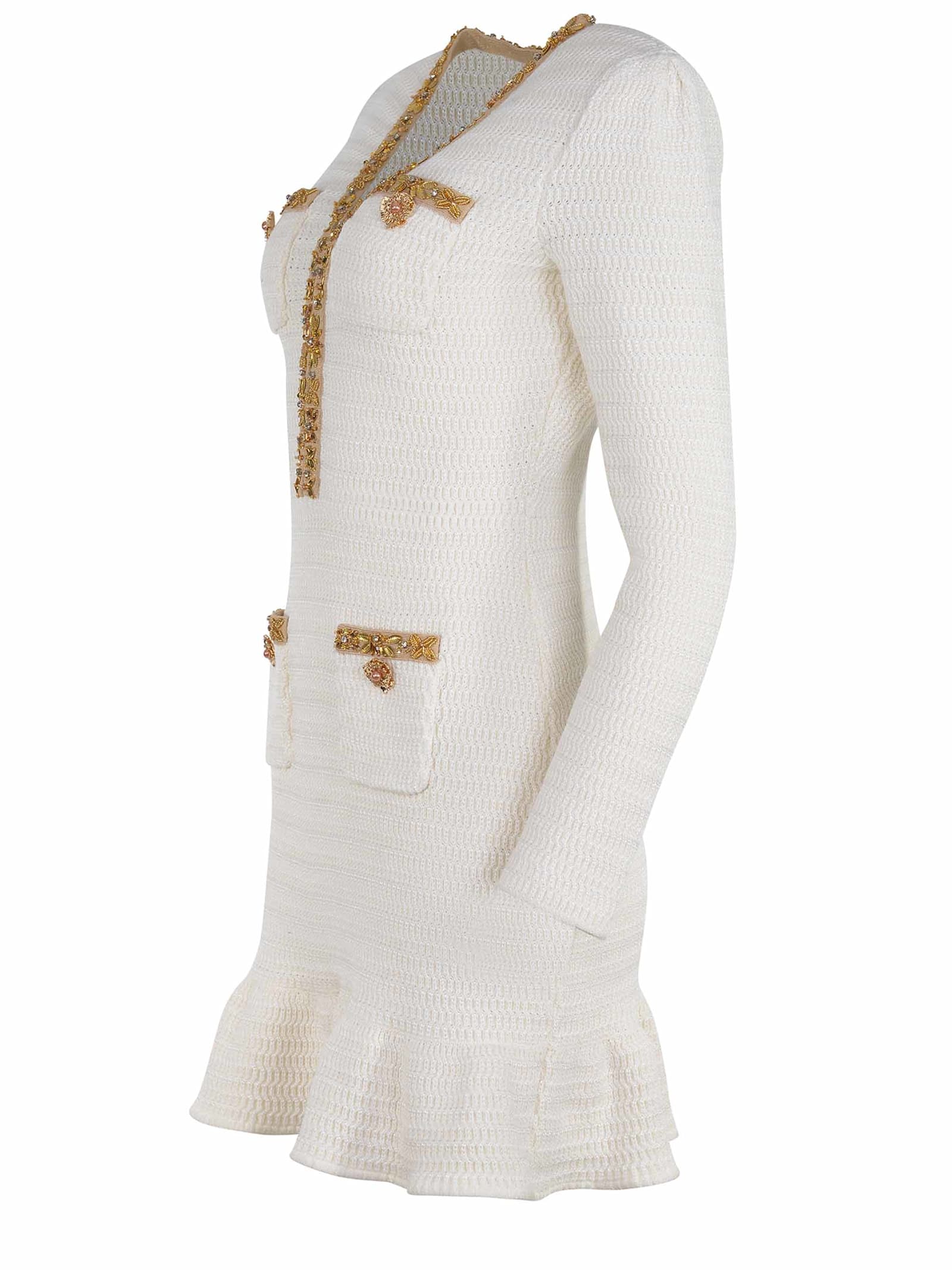 Shop Self-portrait Dress Made Of Cream Color Crochet. In Beige