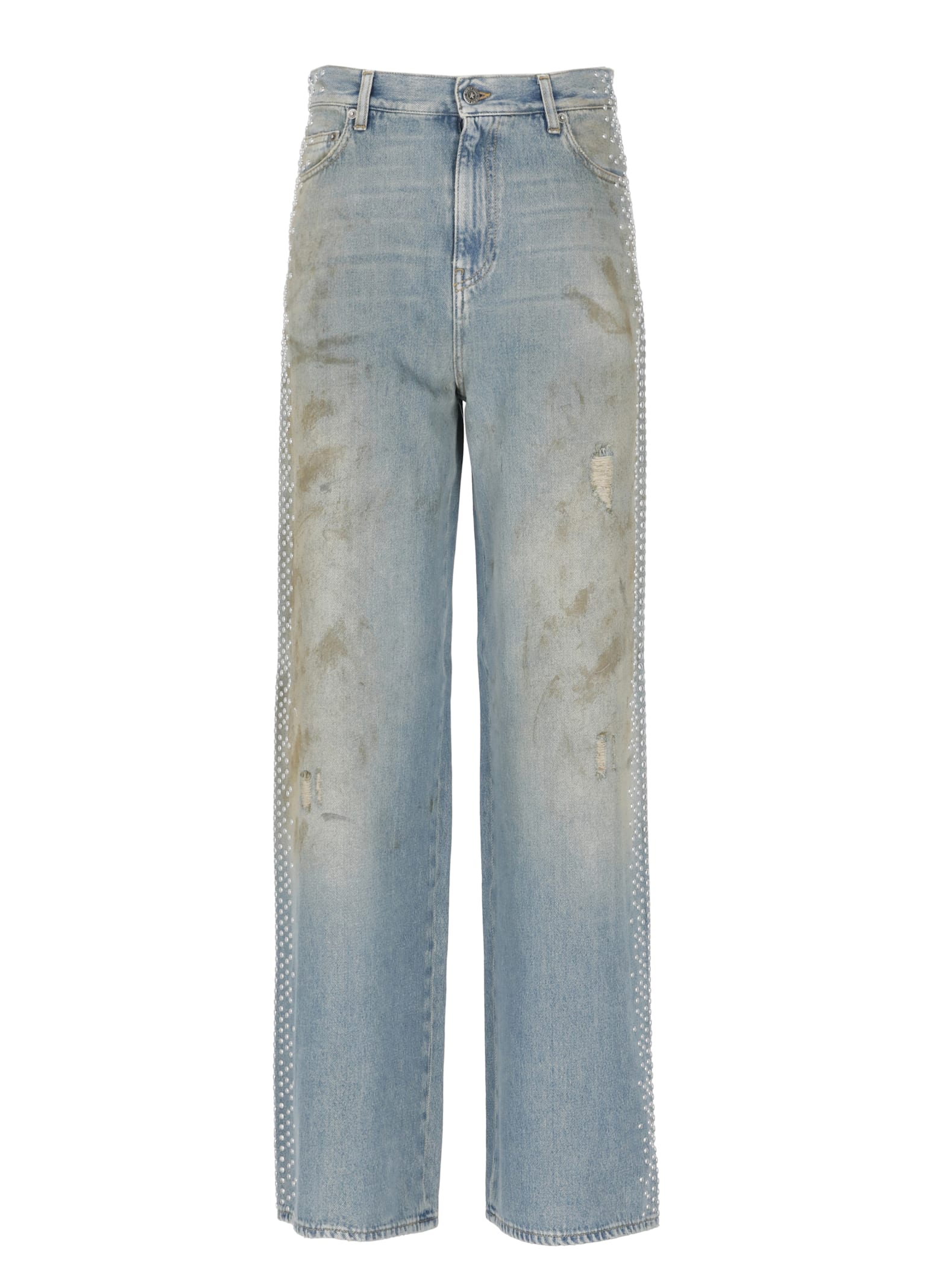 Golden Goose Distressed Boyfriend Fit Trousers With Studded Detailing In Blue