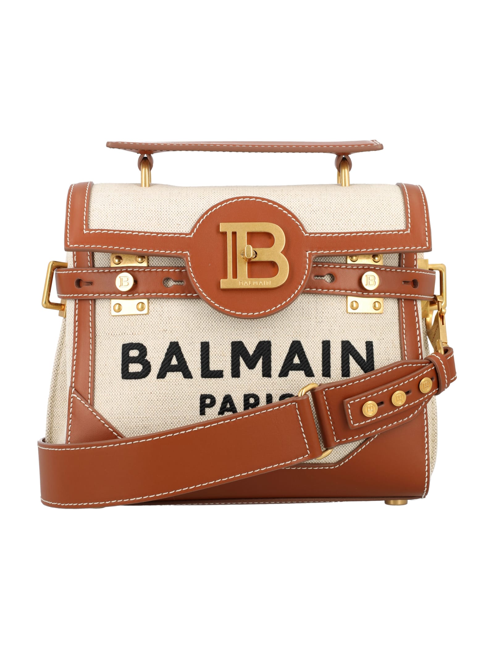 Balmain B-buzz 23 Canvas Bag In Natural + Brown
