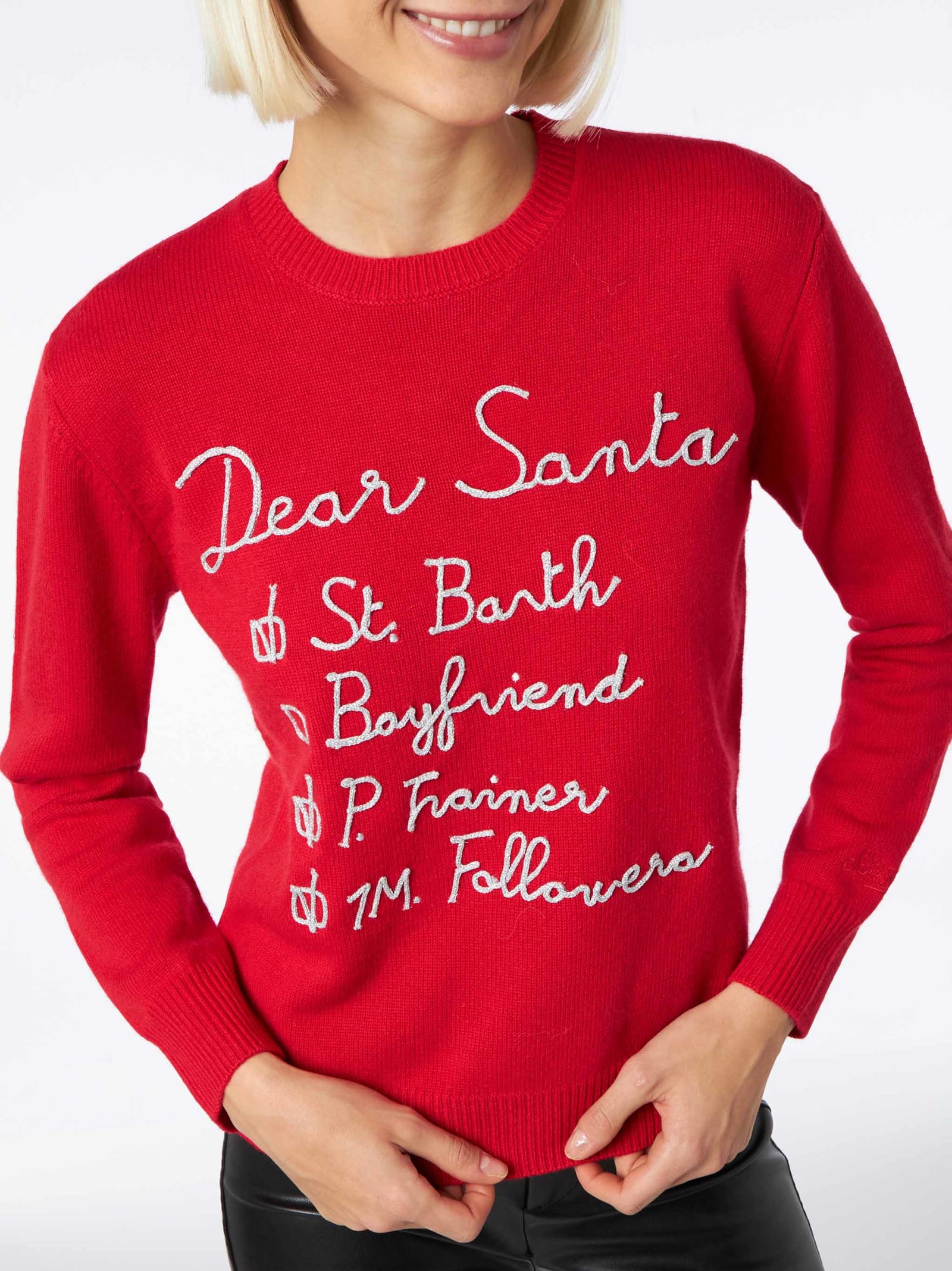 Shop Mc2 Saint Barth Woman Brushed Sweater With Dear Santa List Embroidery In Red