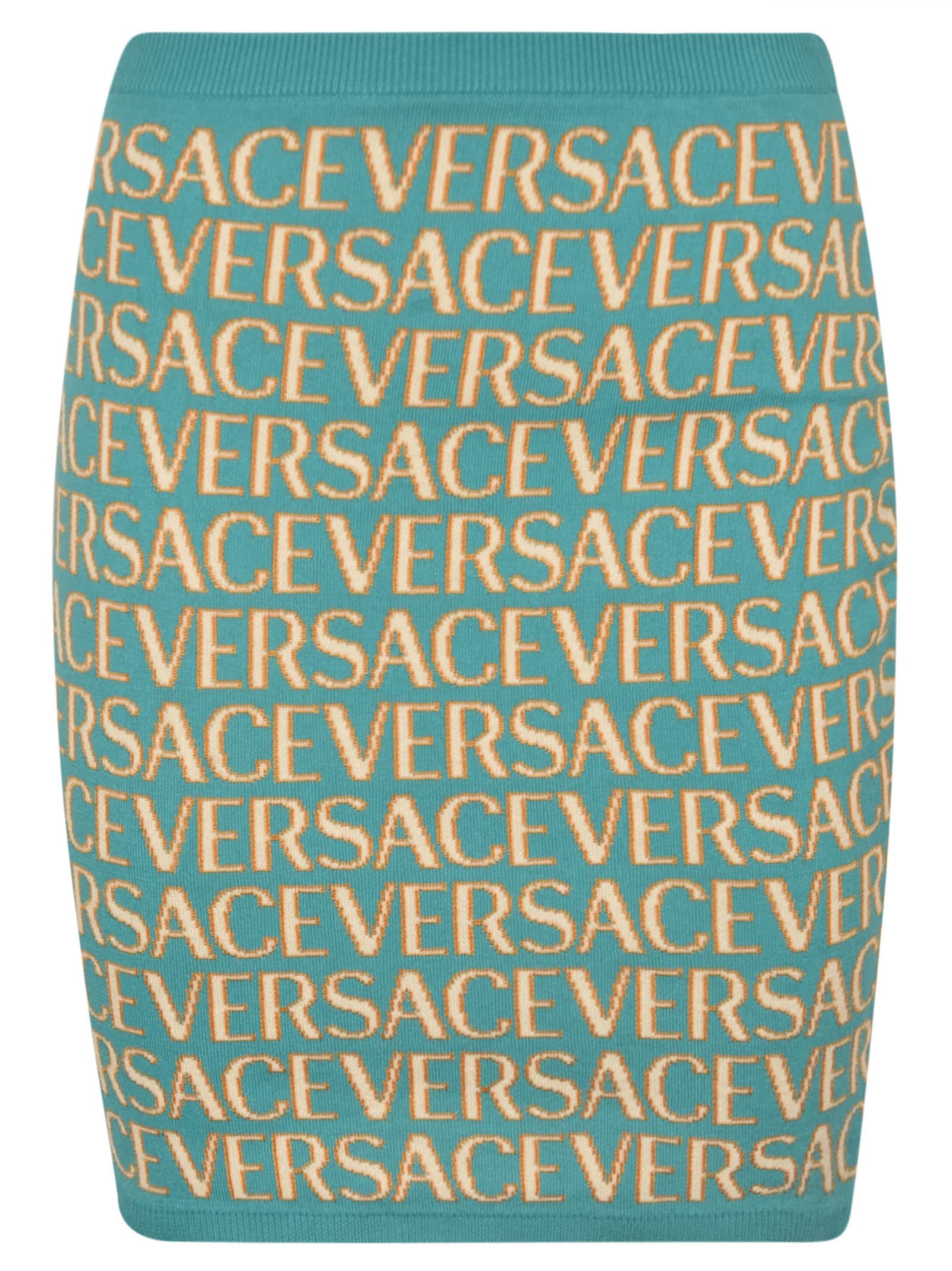 Shop Versace Logo Monogram Skirt In Turquoise+light Blue