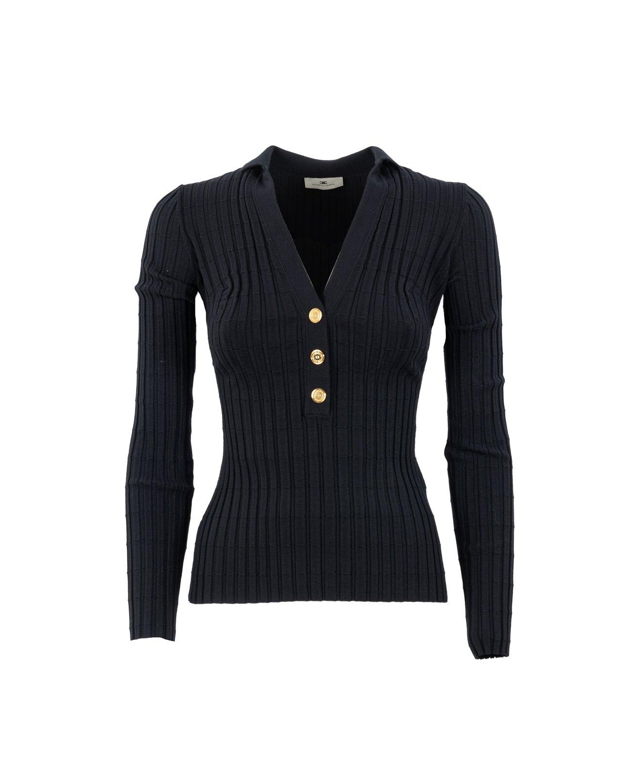 Shop Elisabetta Franchi Button Placket Ribbed Top In Black