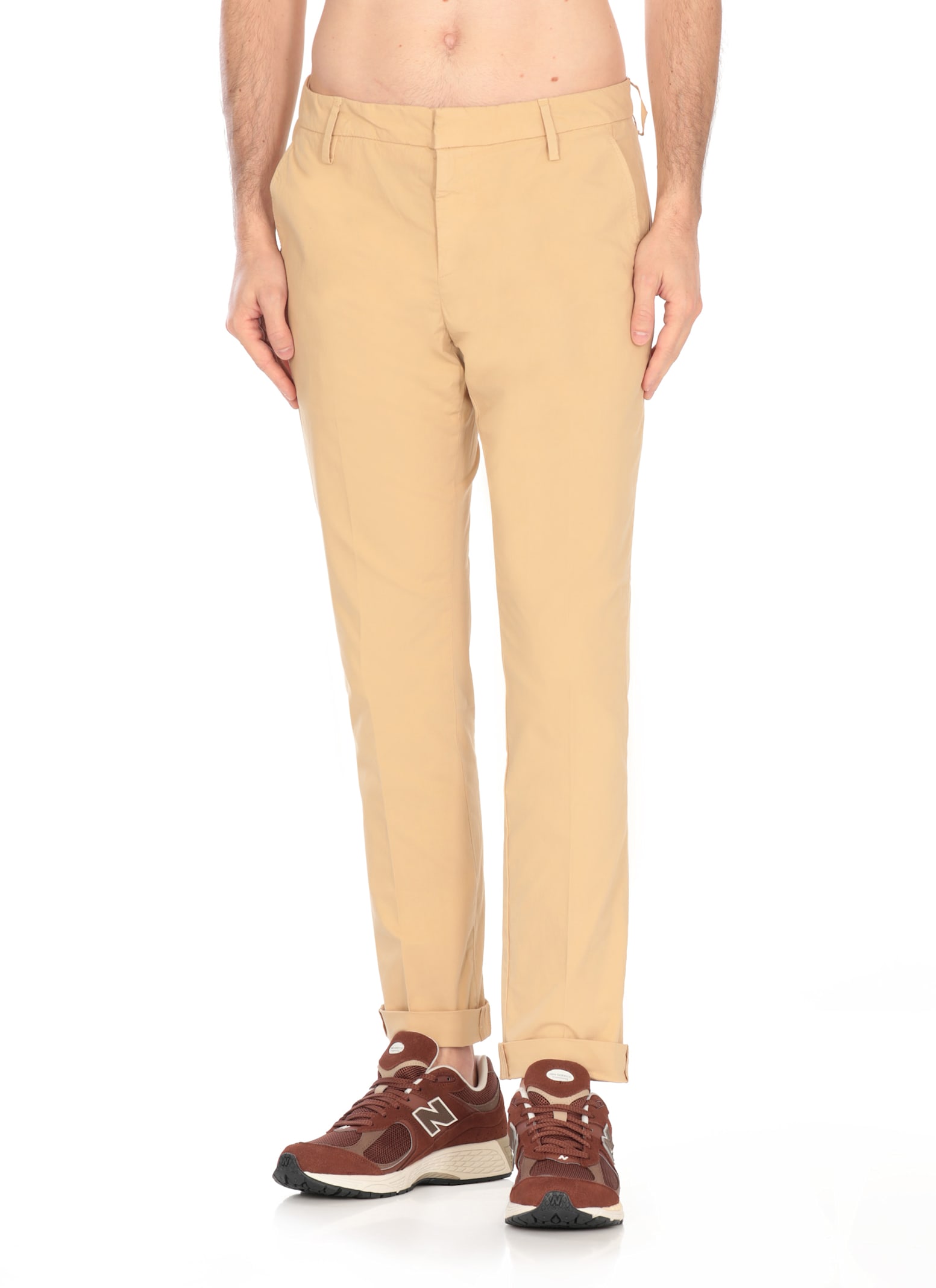 Dondup Straight Cotton Trousers Rolled Cuffs In Neutral