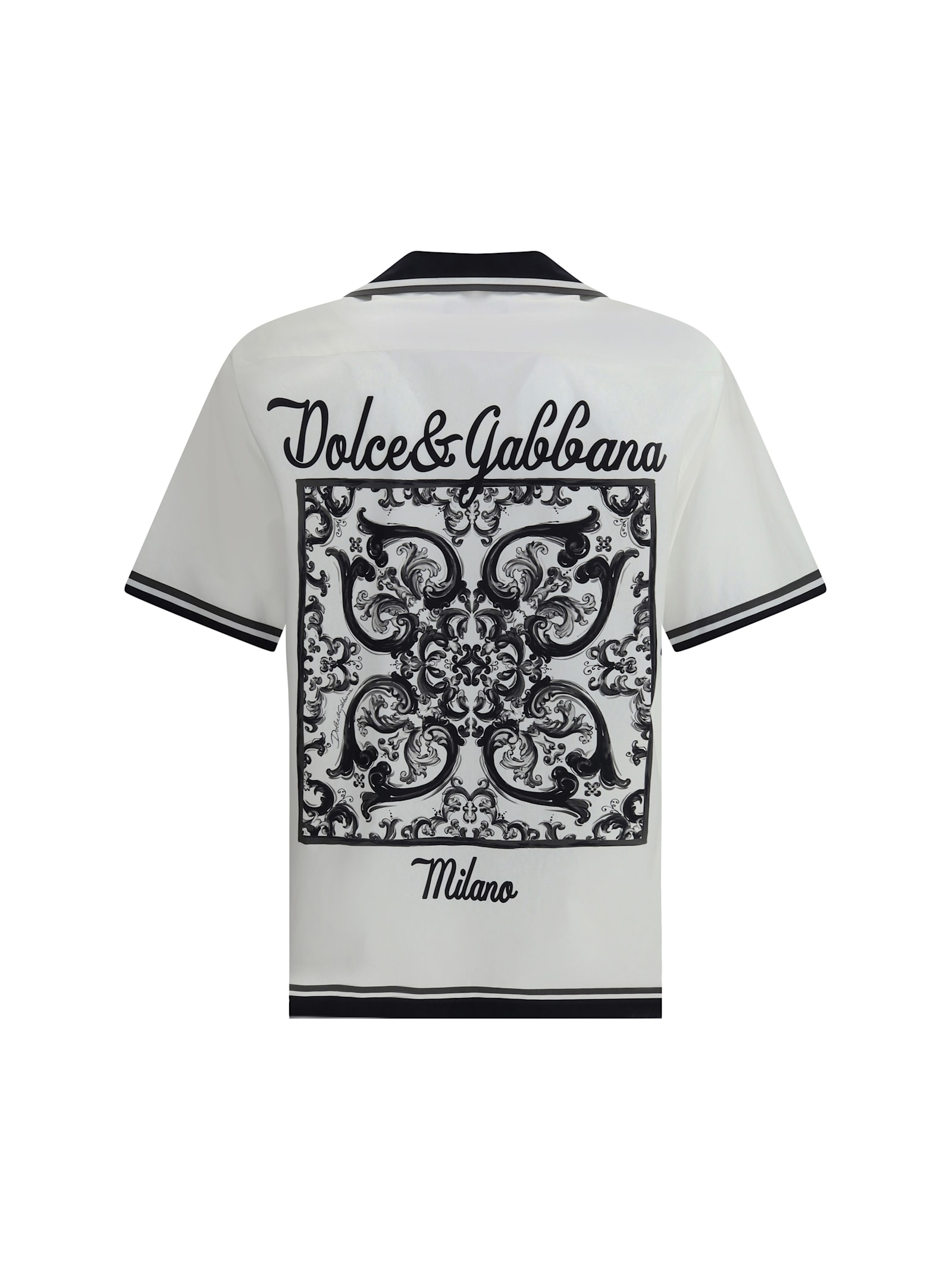 Dolce & Gabbana Short Sleeve Shirt With Contrast Collar And Graphic Print In White