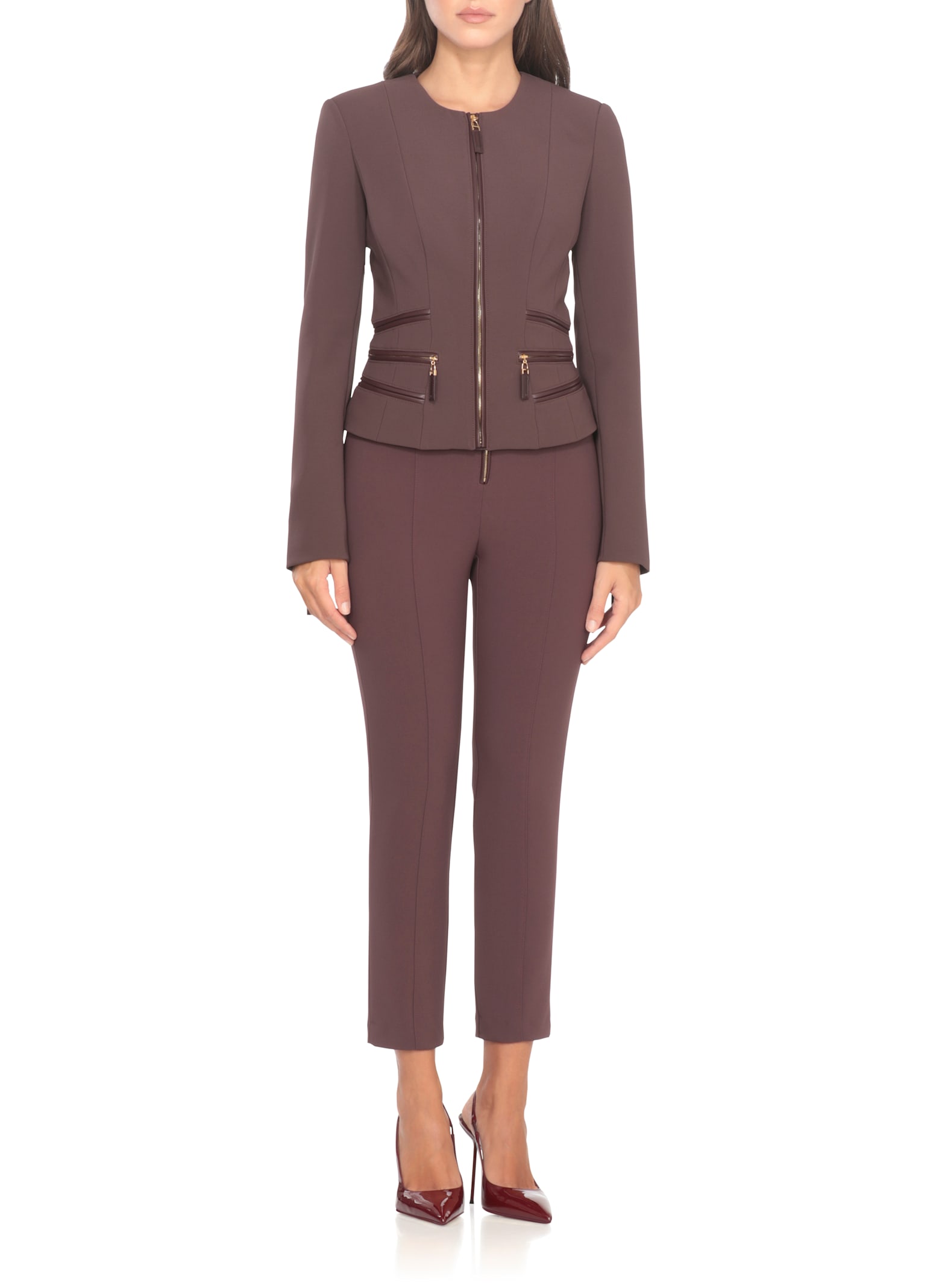 Elisabetta Franchi Structured Blazer With Front Zip And Long Sleeves In Brown