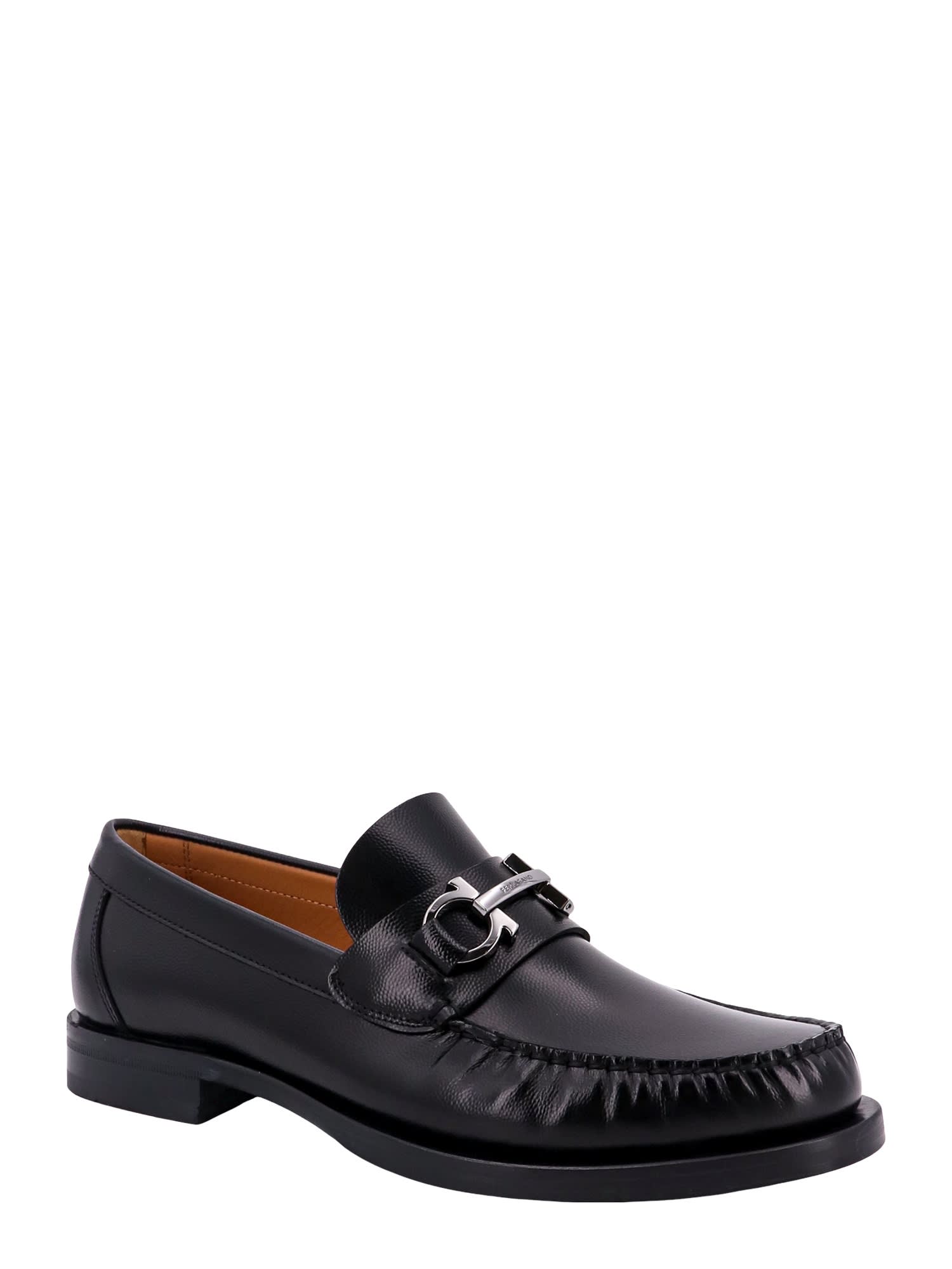 Ferragamo Leather Loafer Metal Buckle Detail In Black