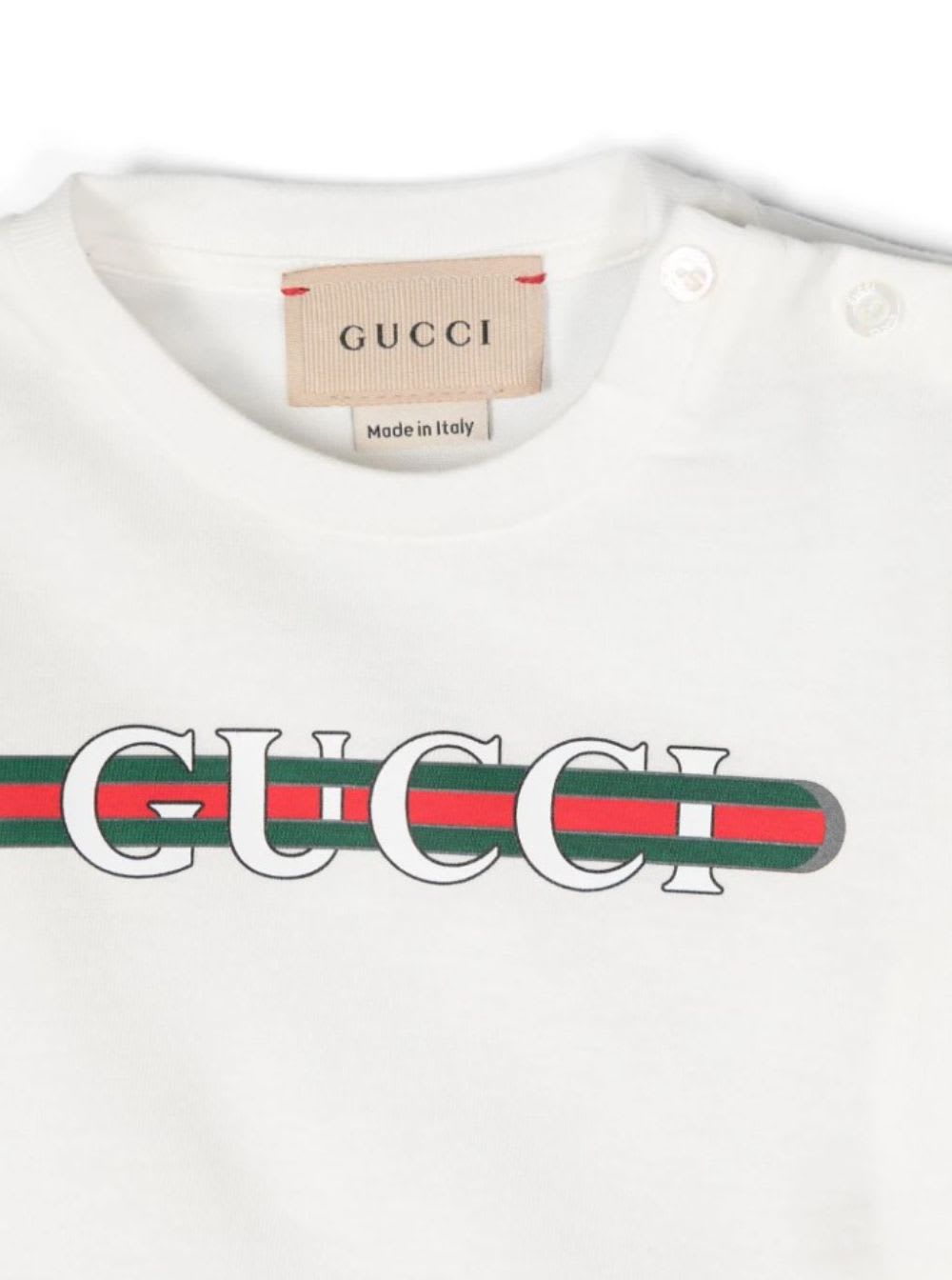 Gucci White T-shirt With Logo Print And Web Detail On The Front In Cotton Baby In White