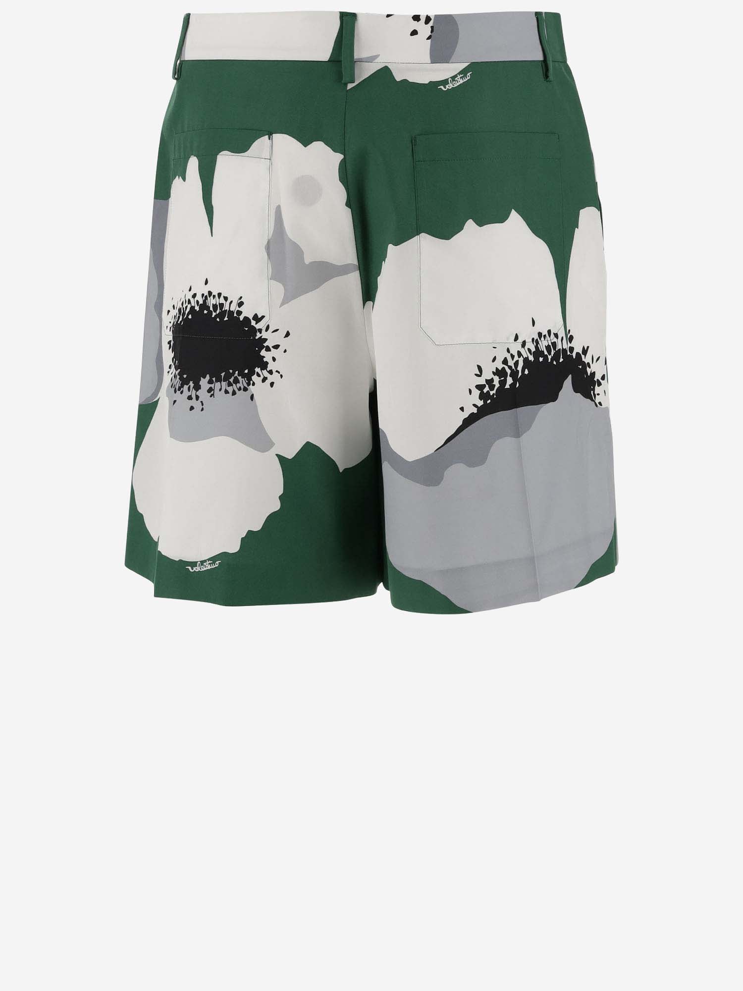 Shop Valentino Cotton Poplin Bermuda Shorts With  Flower Portrait Print In Green, White
