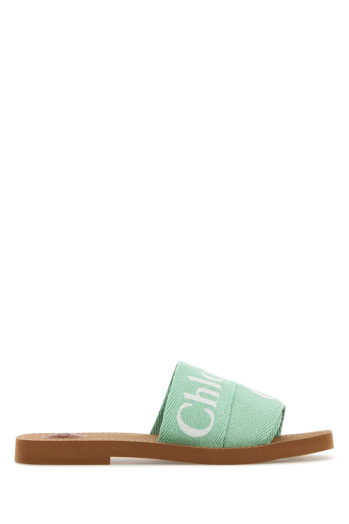 Chloé Mint Green Linen Woody Slippers