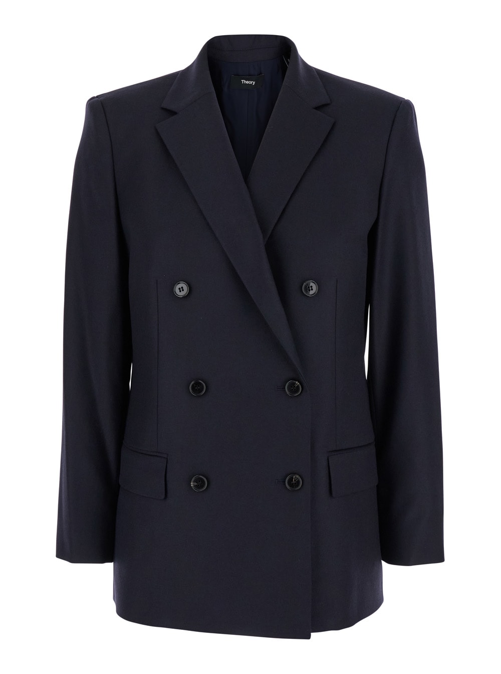 Shop Theory Blue Double-breasted Jacket With Notched Revers In Wool Woman