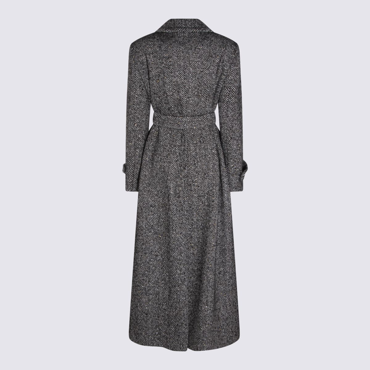Tagliatore Long Herringbone Coat Belted Waist In Gray