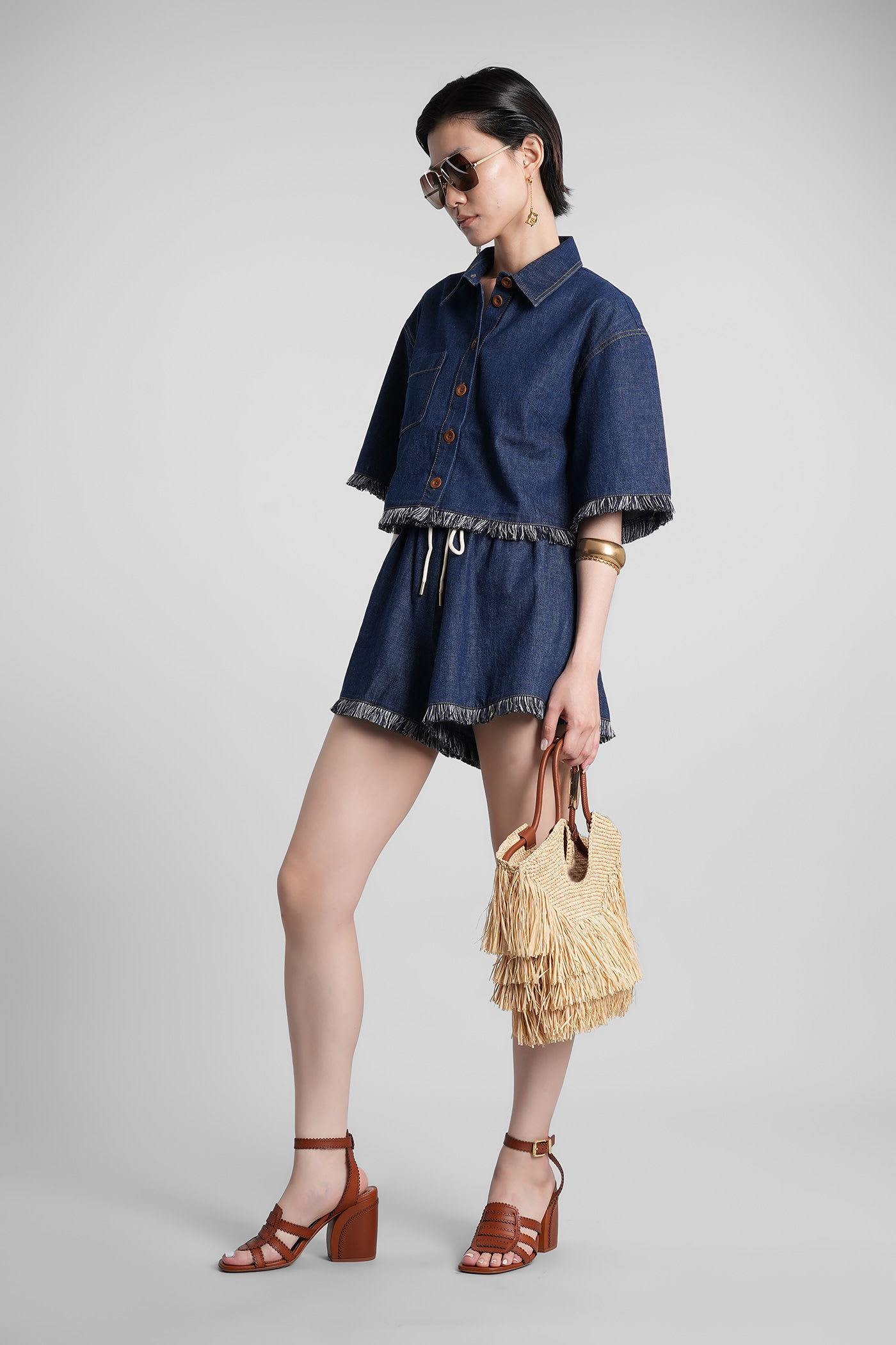 Zimmermann Rhiannon Drawstring Waist Fringe Hem Denim Shorts In Blue