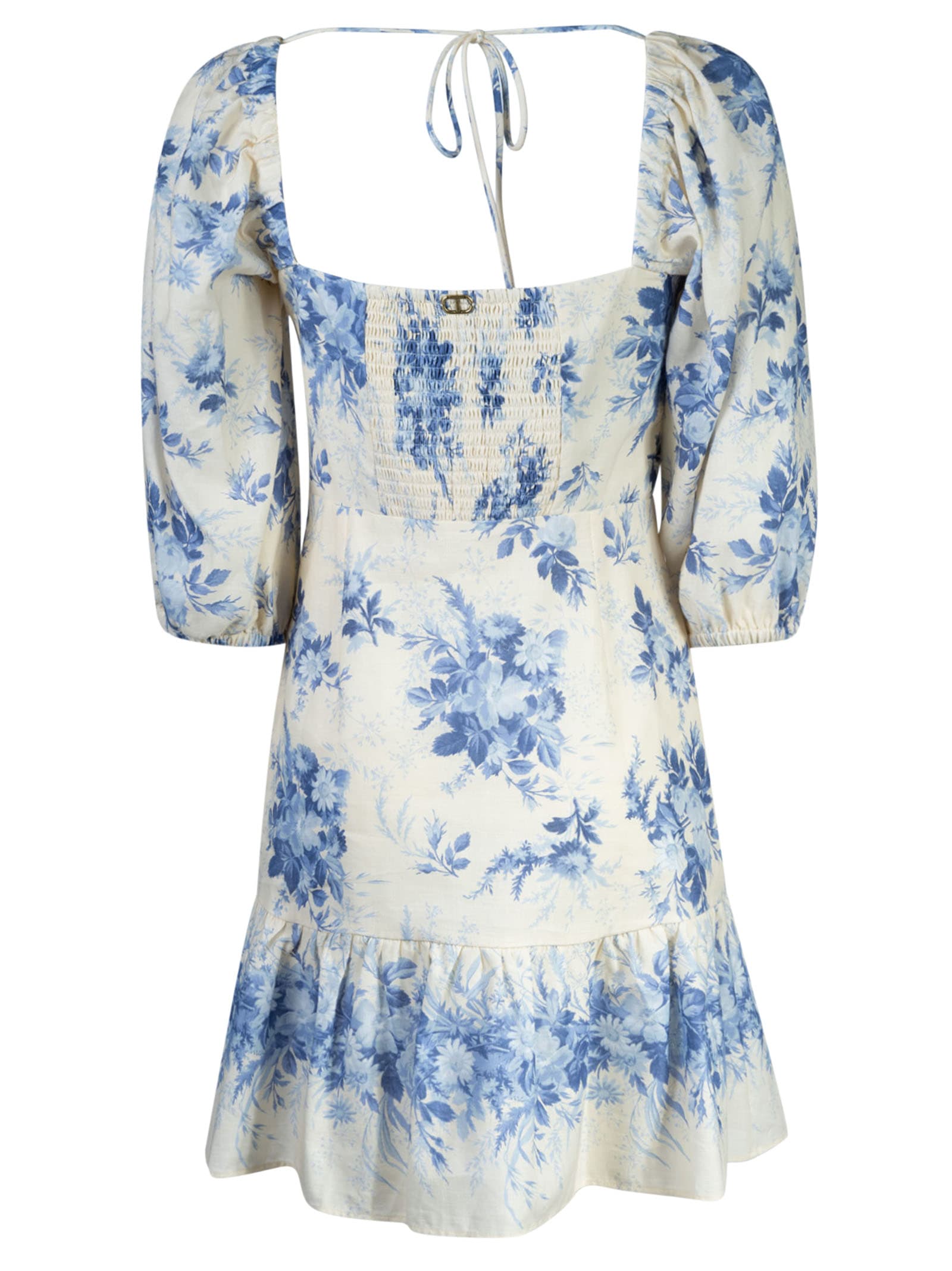 Shop Twinset Floral Print Dress In Neutrals/blue