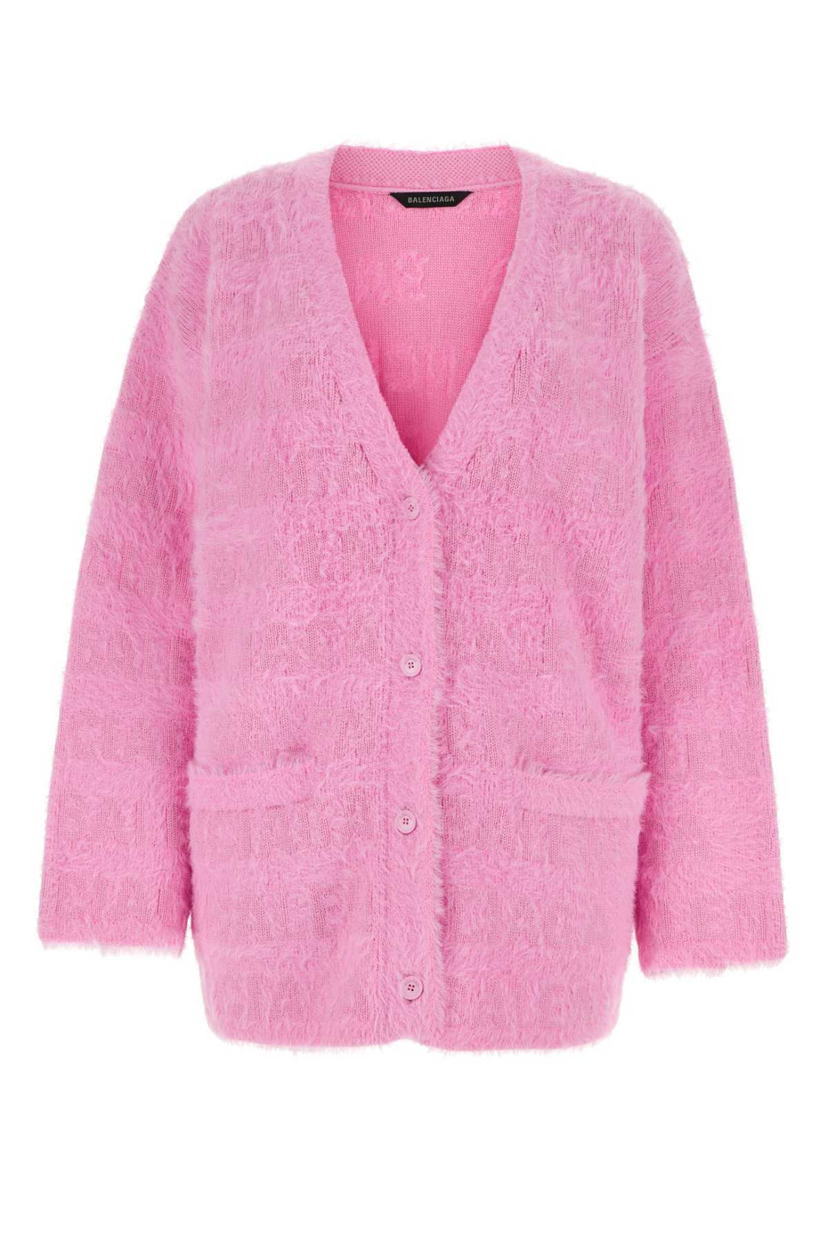 Balenciaga Pink Cardigan With All-over Logo Motif In Wool Blend Woman