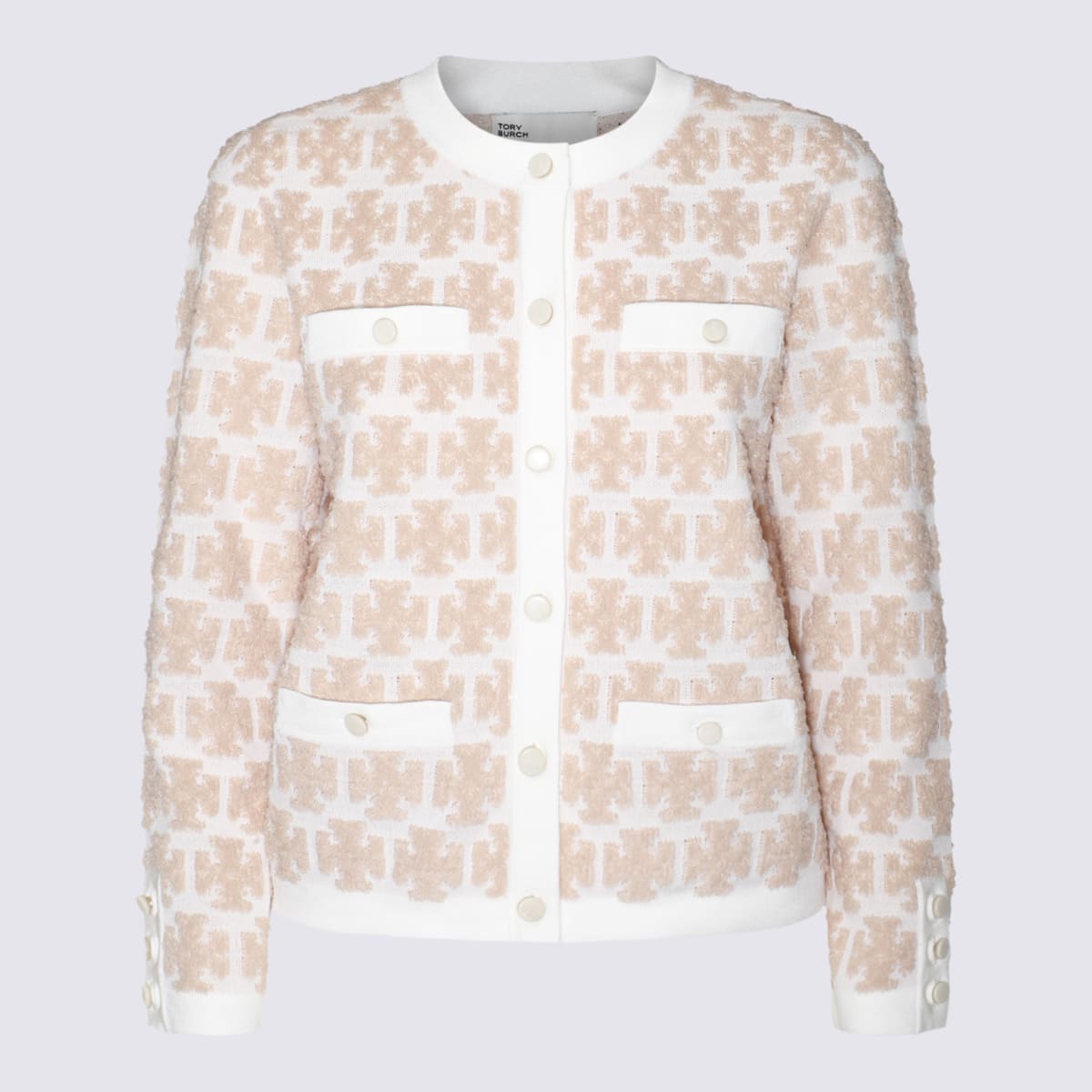 Shop Tory Burch Beige And White Cardigan In Sand