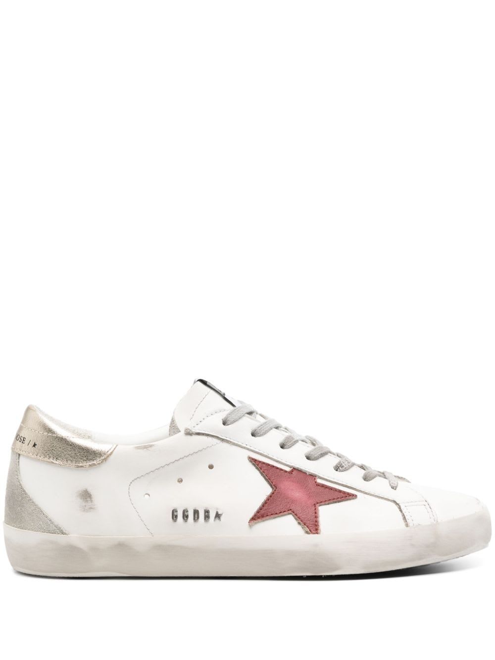 Shop Golden Goose Super Star Leather Upper And Star Laminated Heel Suede Spur With Metal Lettering In White Red Platinum Ice