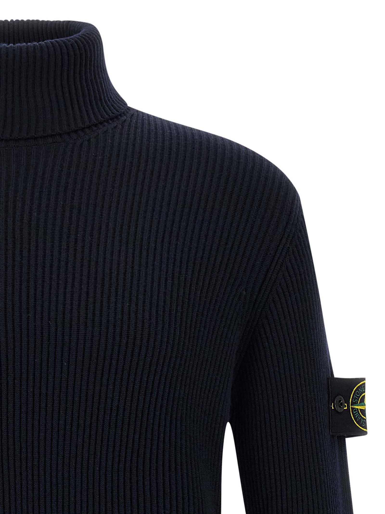 Stone Island Turtleneck Sweater In Virgin Wool With Logo Patch In Blue